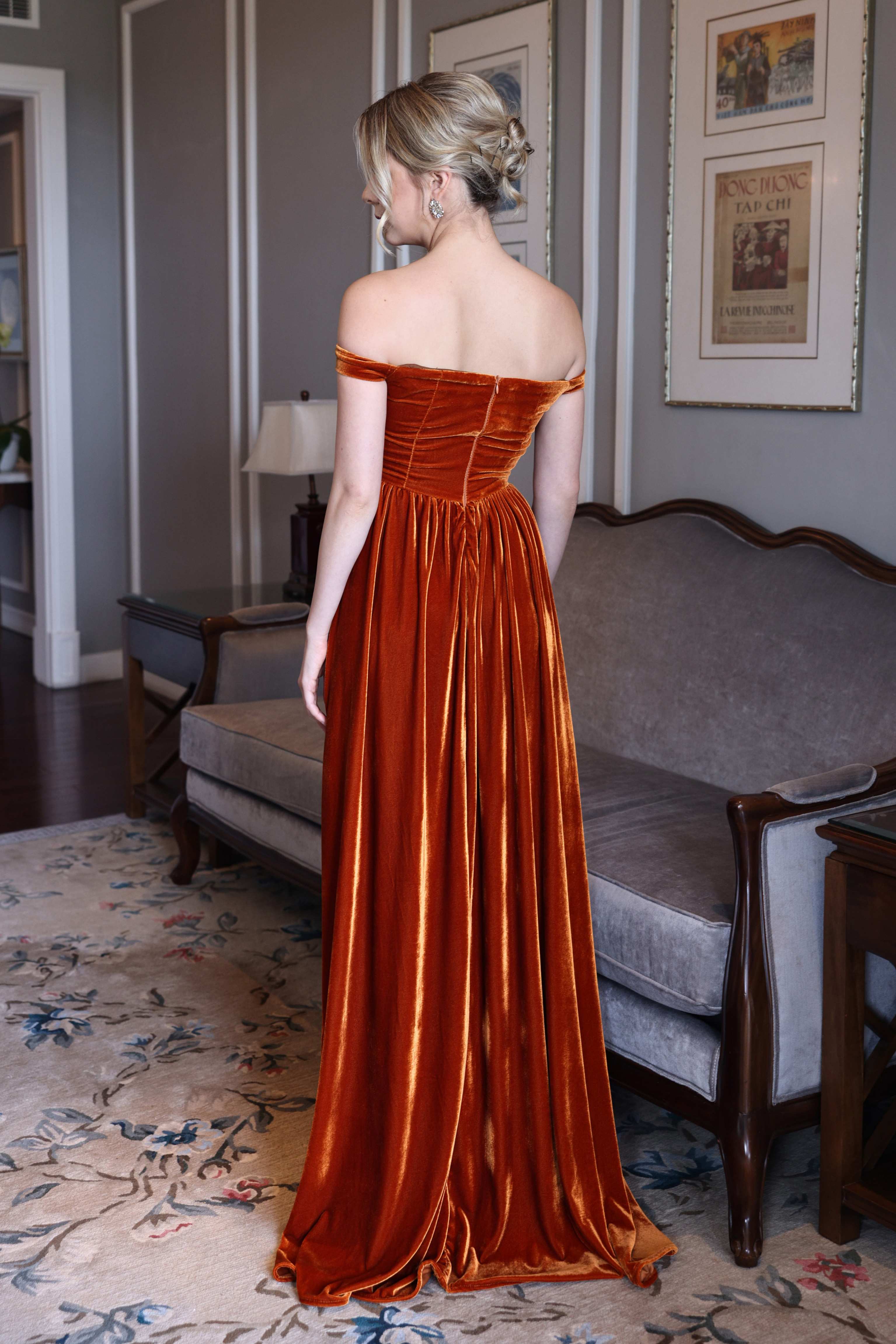 Off shoulder velvet evening dress