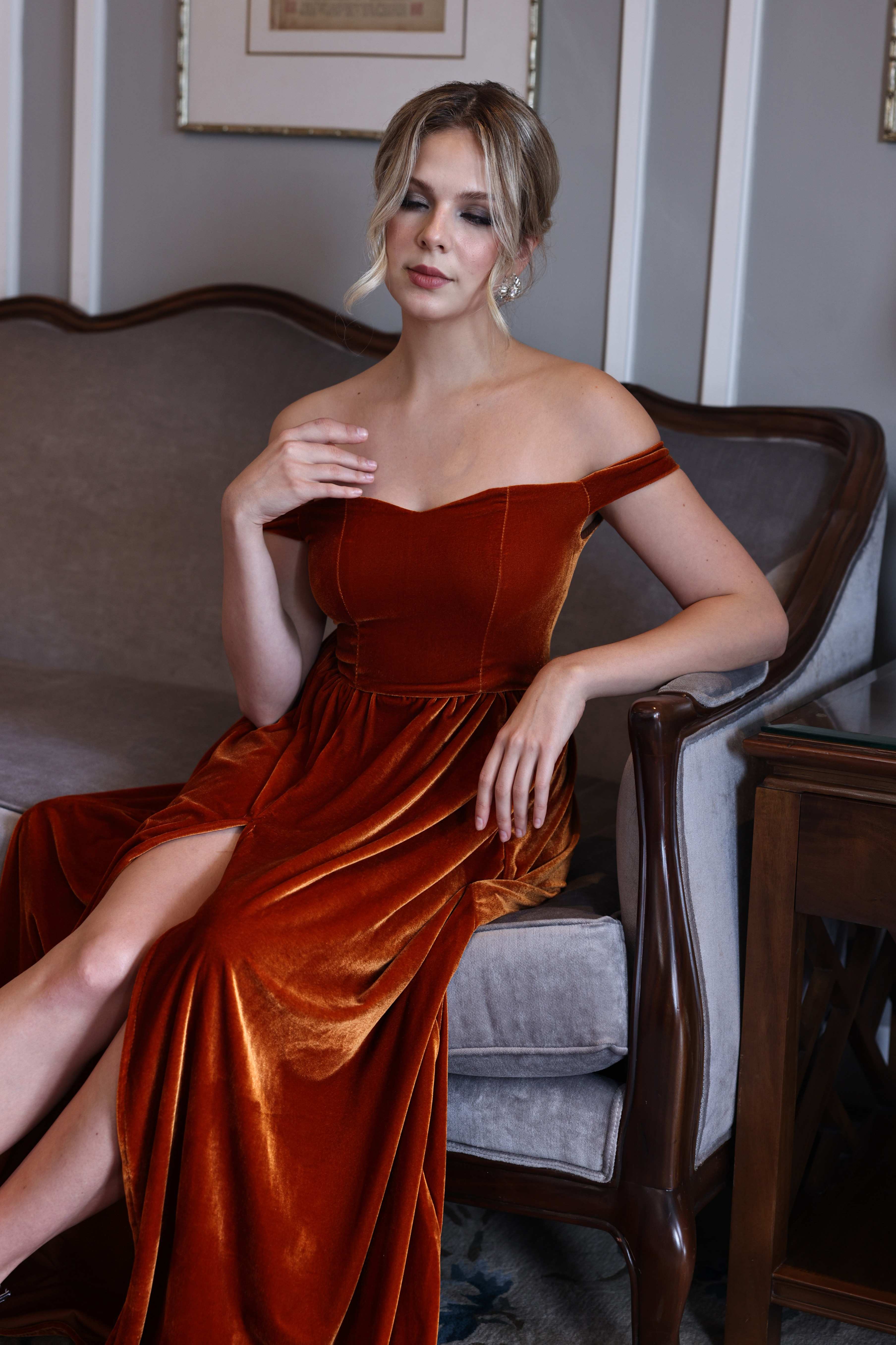 Off shoulder velvet evening dress