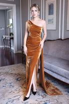 One shoulder velvet evening dress