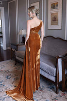 One shoulder velvet evening dress