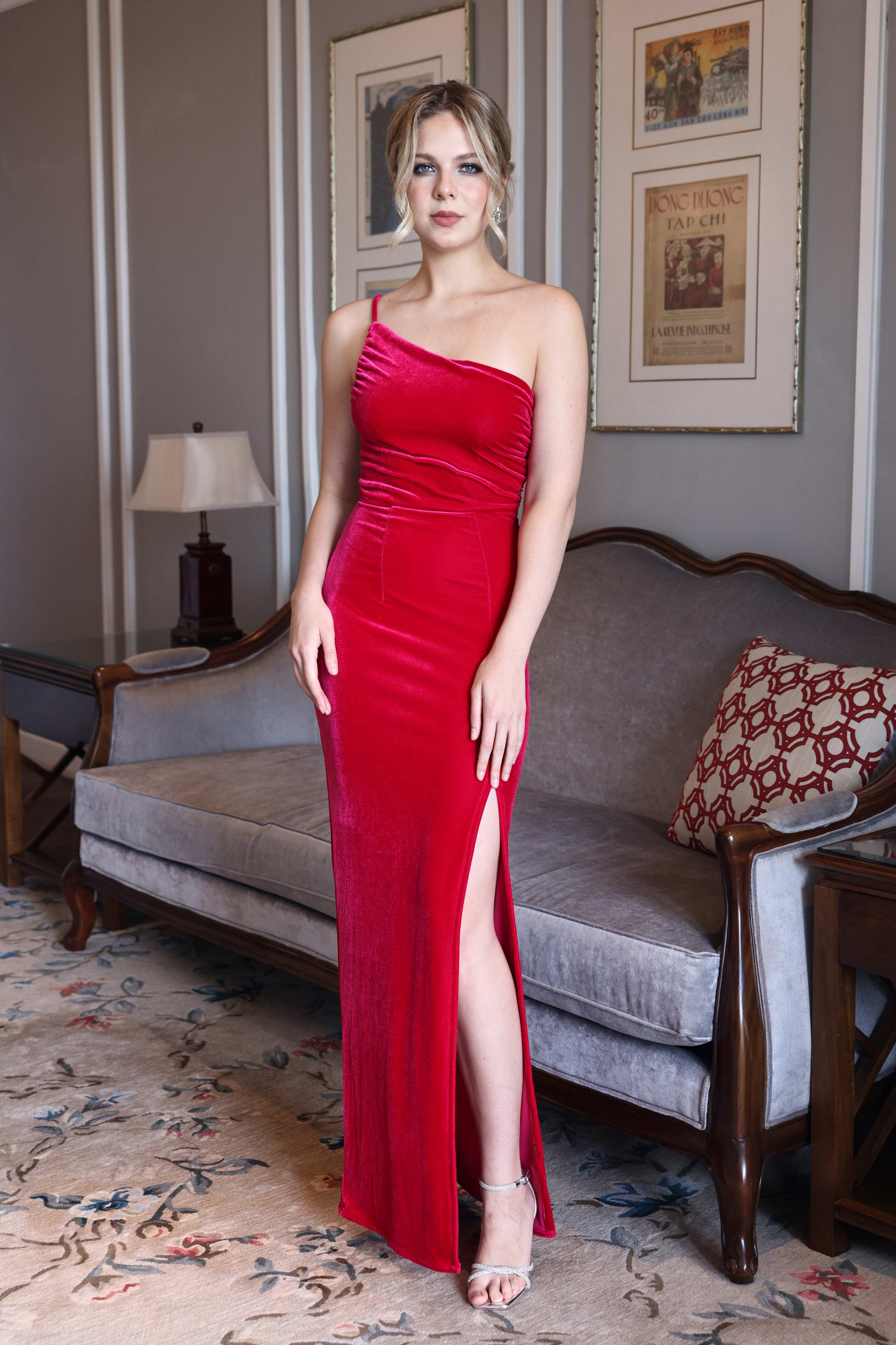 One shoulder velvet maxi dress