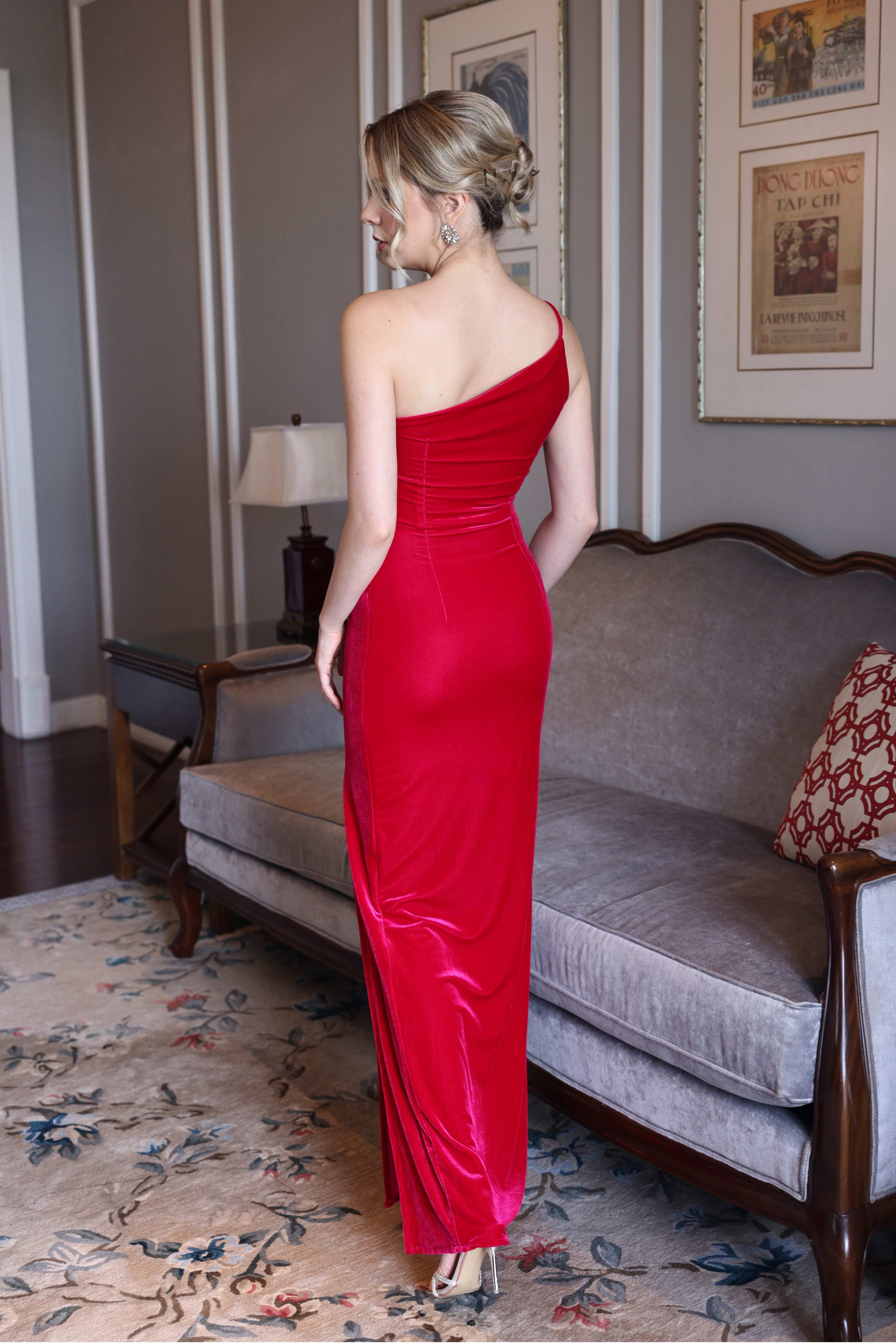 One shoulder velvet maxi dress