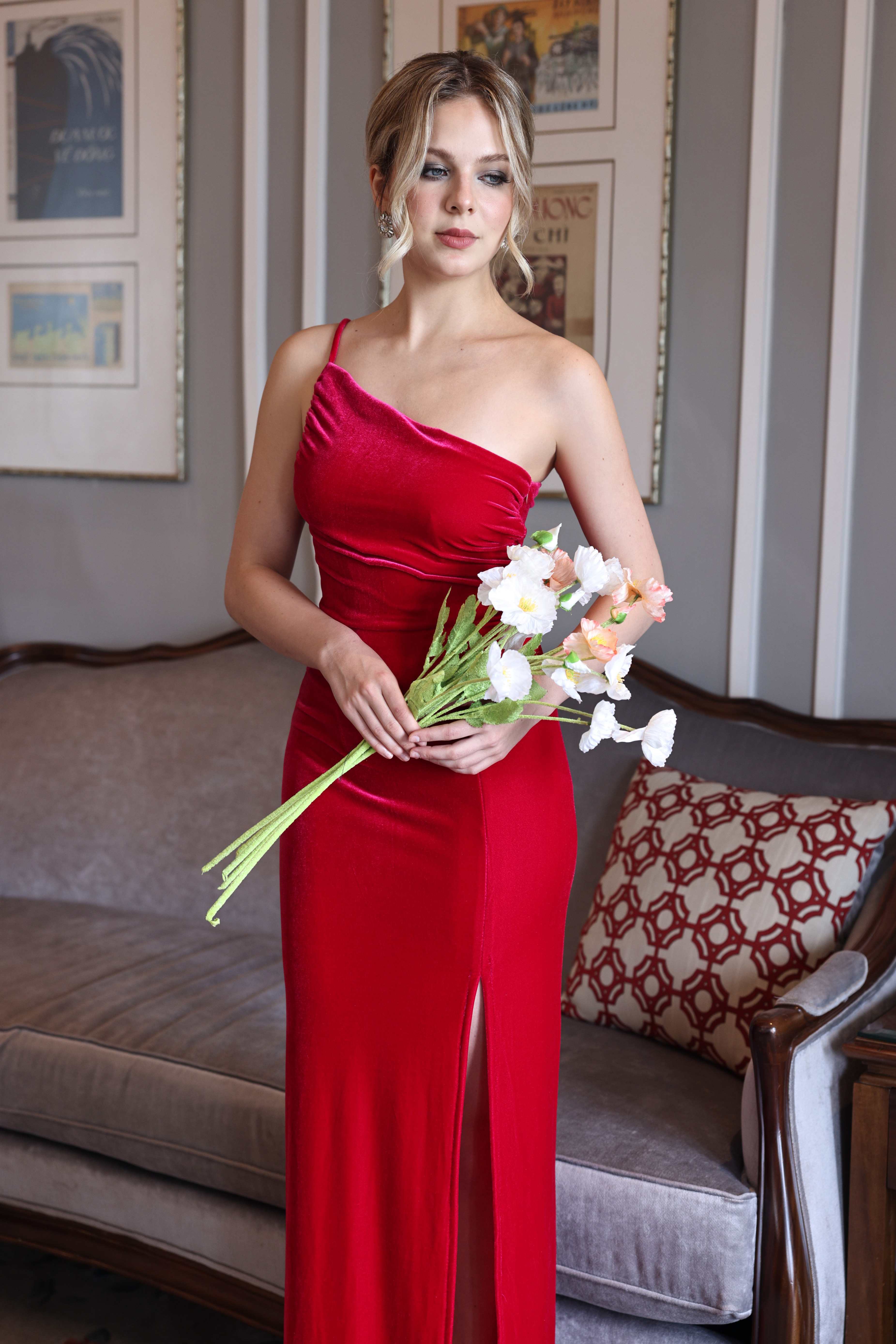One shoulder velvet maxi dress