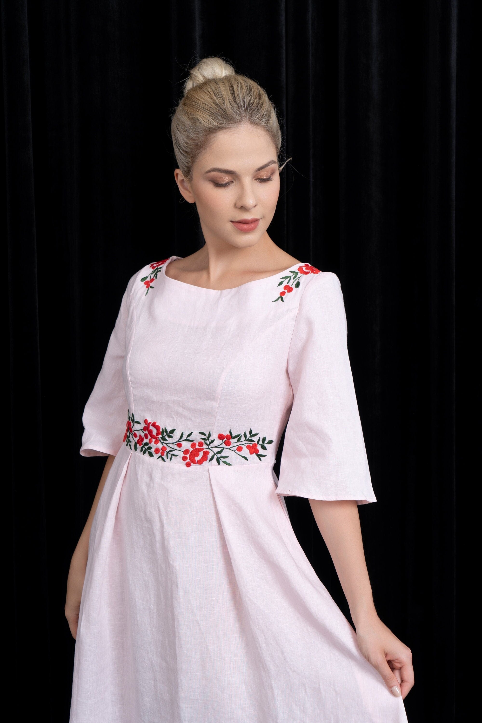 Pink linen embroidered dress