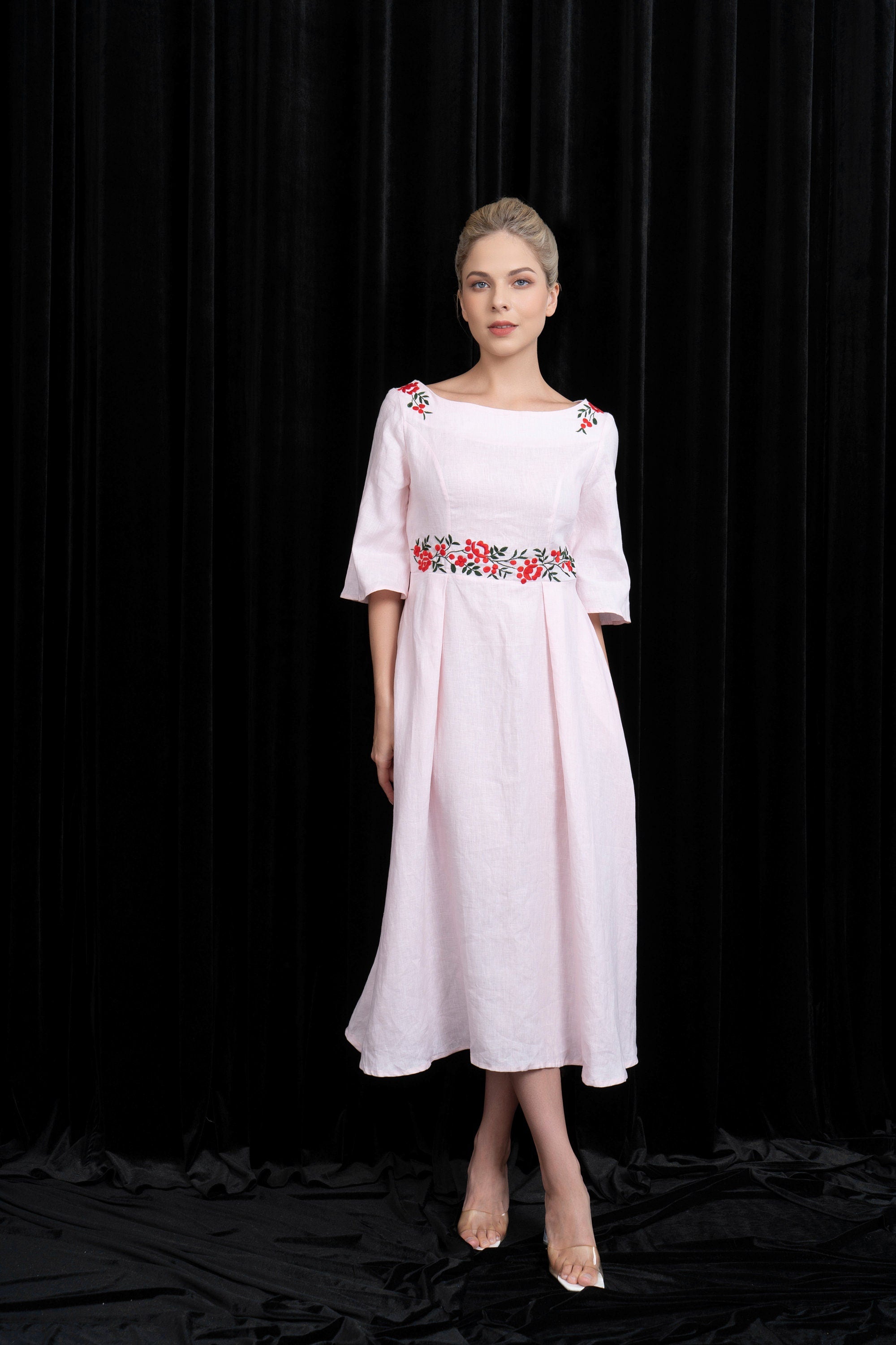 Pink linen embroidered dress
