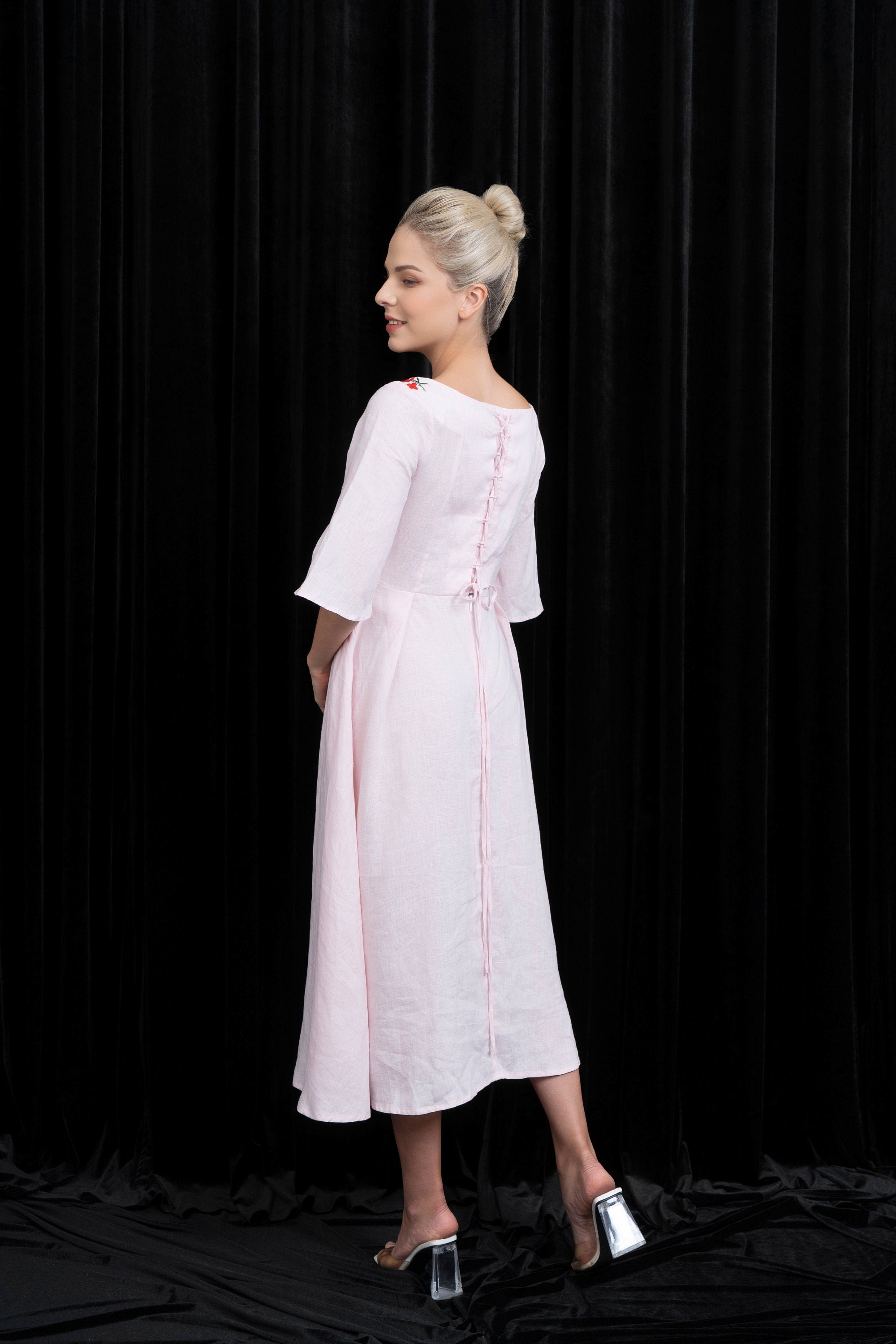 Pink linen embroidered dress