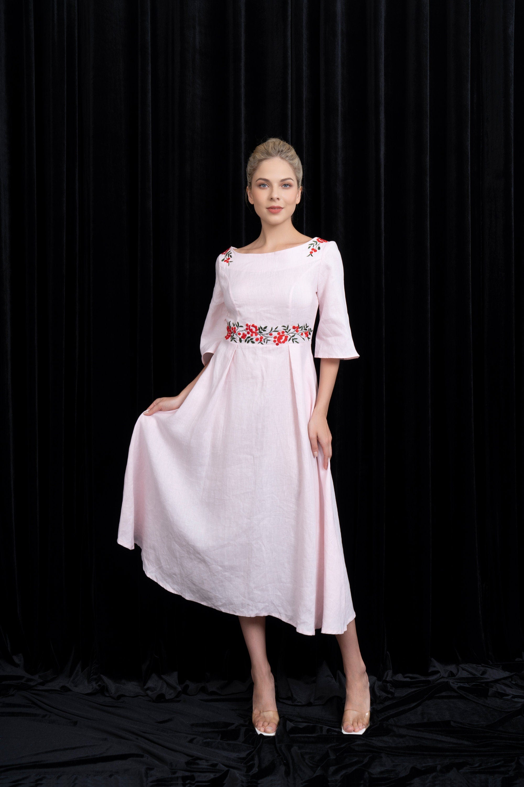 Pink linen embroidered dress