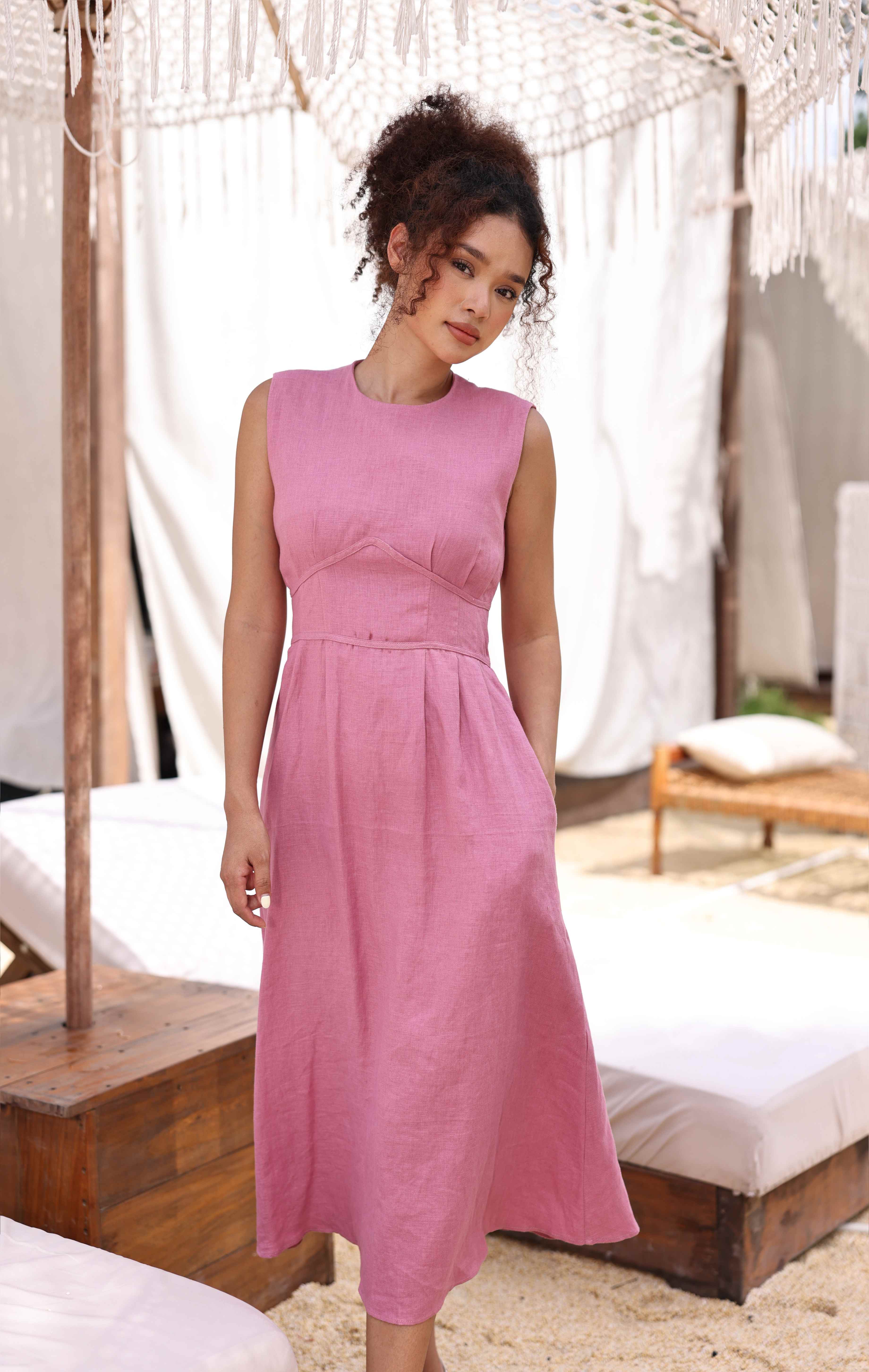 Pink linen midi dress