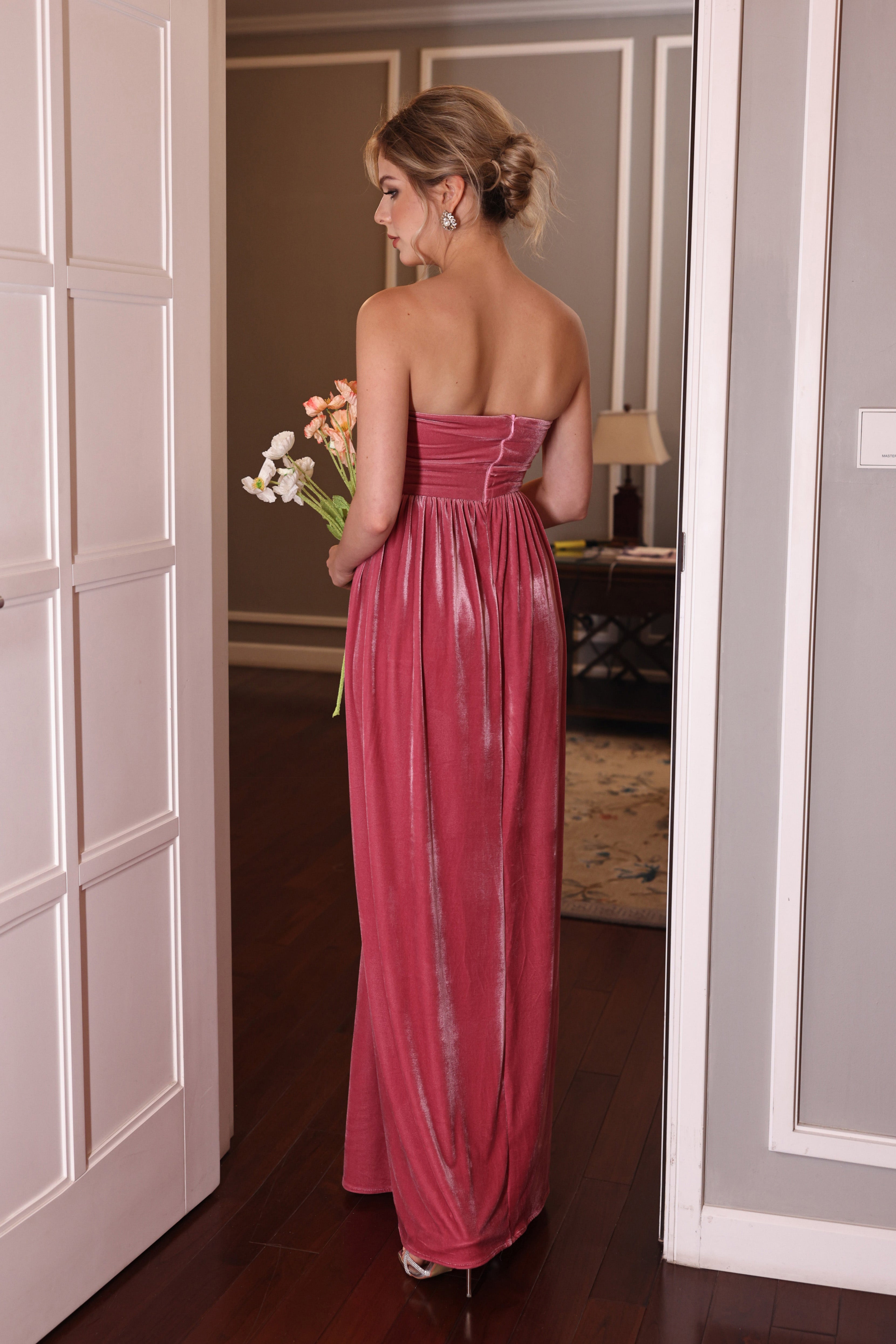 pink velvet bridesmaid dress