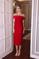 pink velvet off-shoulder dress