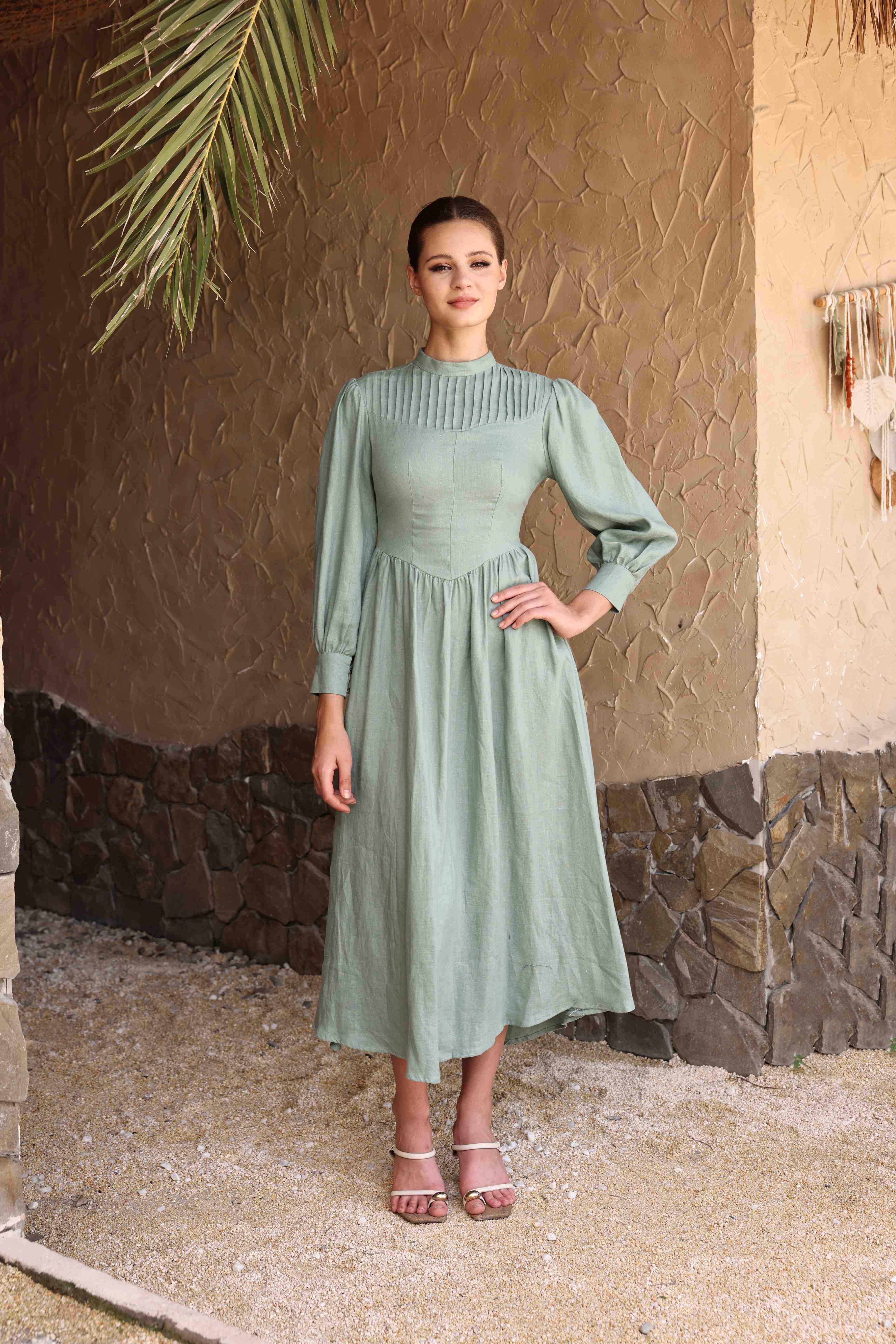Pleated bodice linen dress
