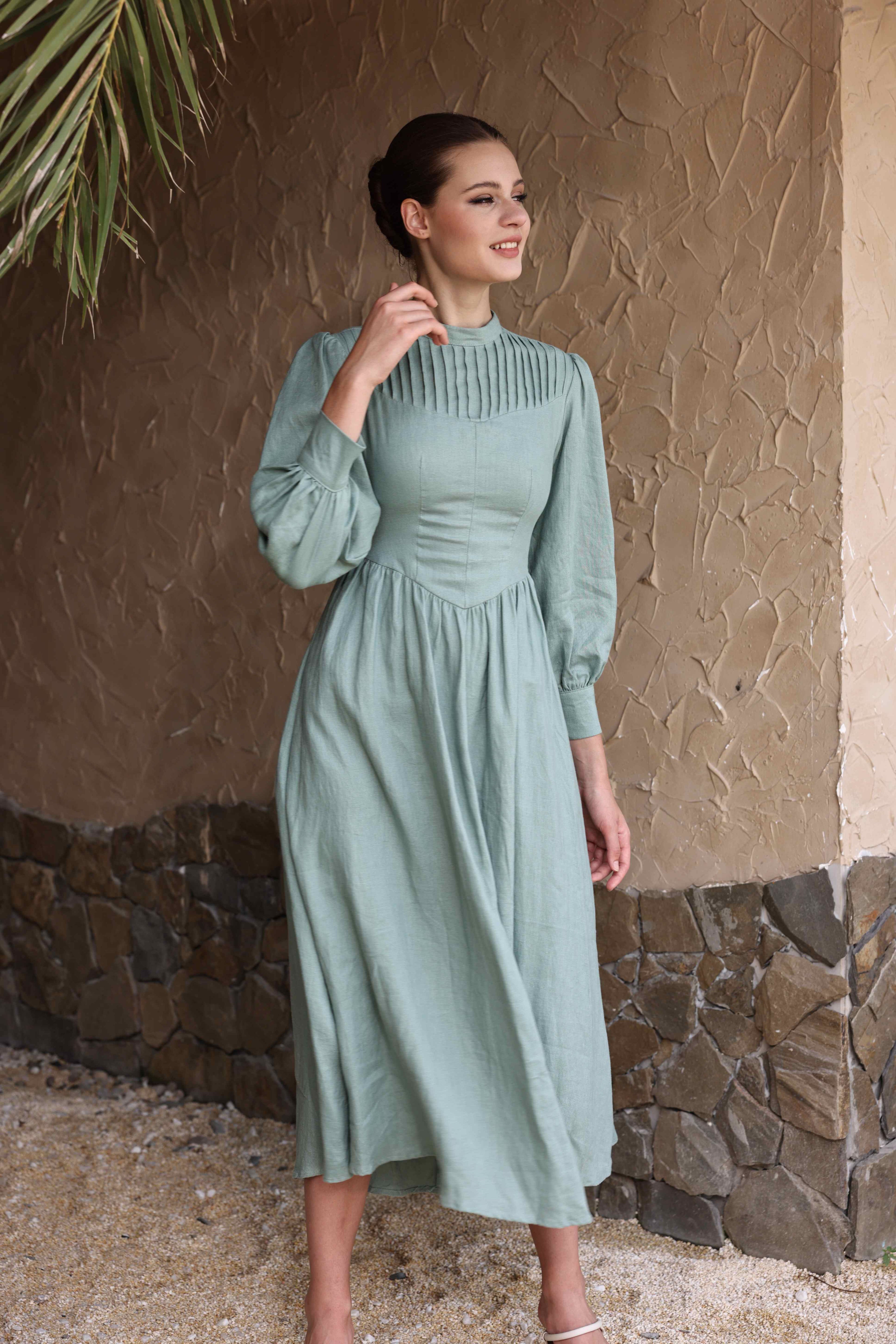 Pleated bodice linen dress