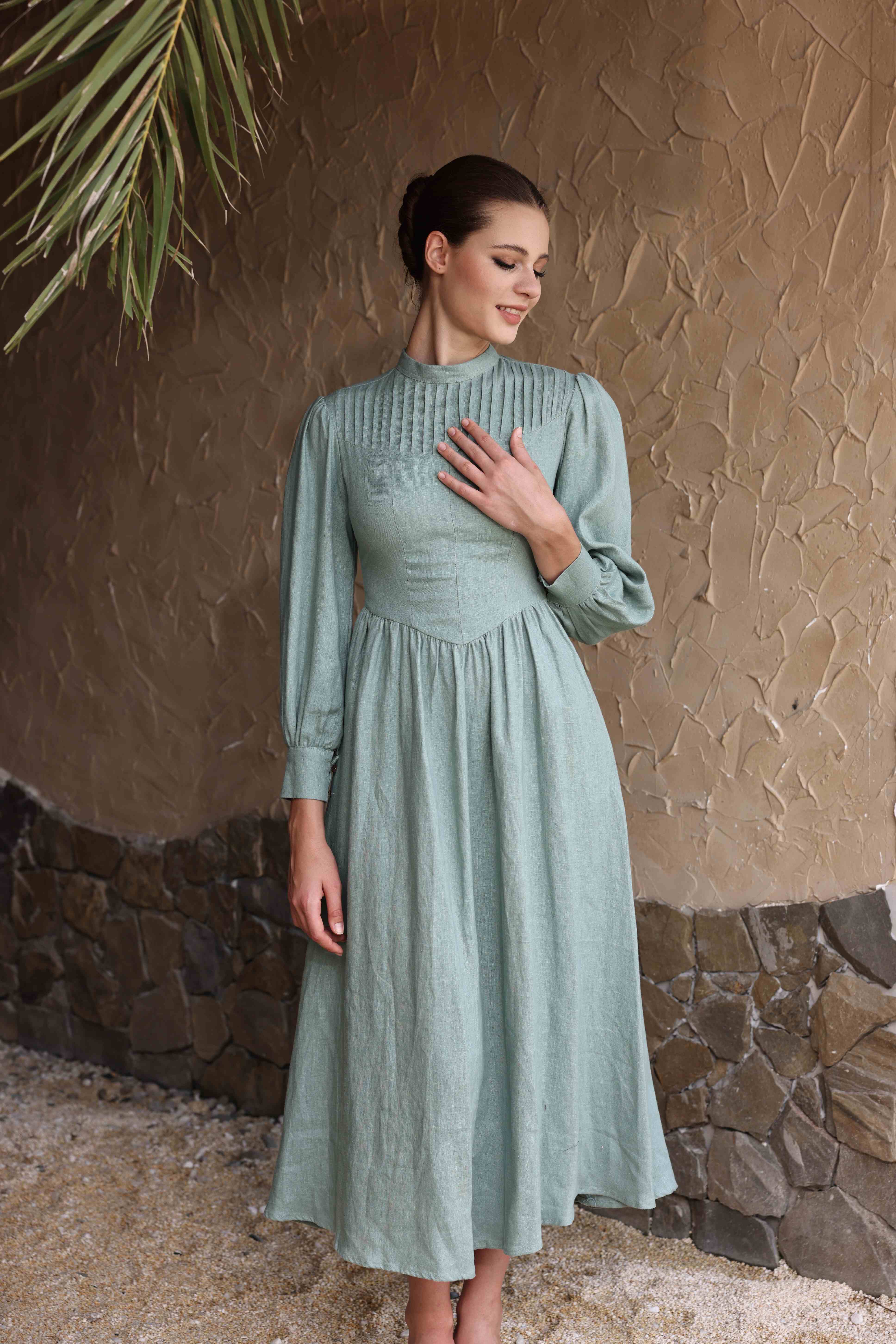Pleated bodice linen dress
