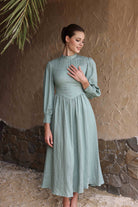 Pleated bodice linen dress