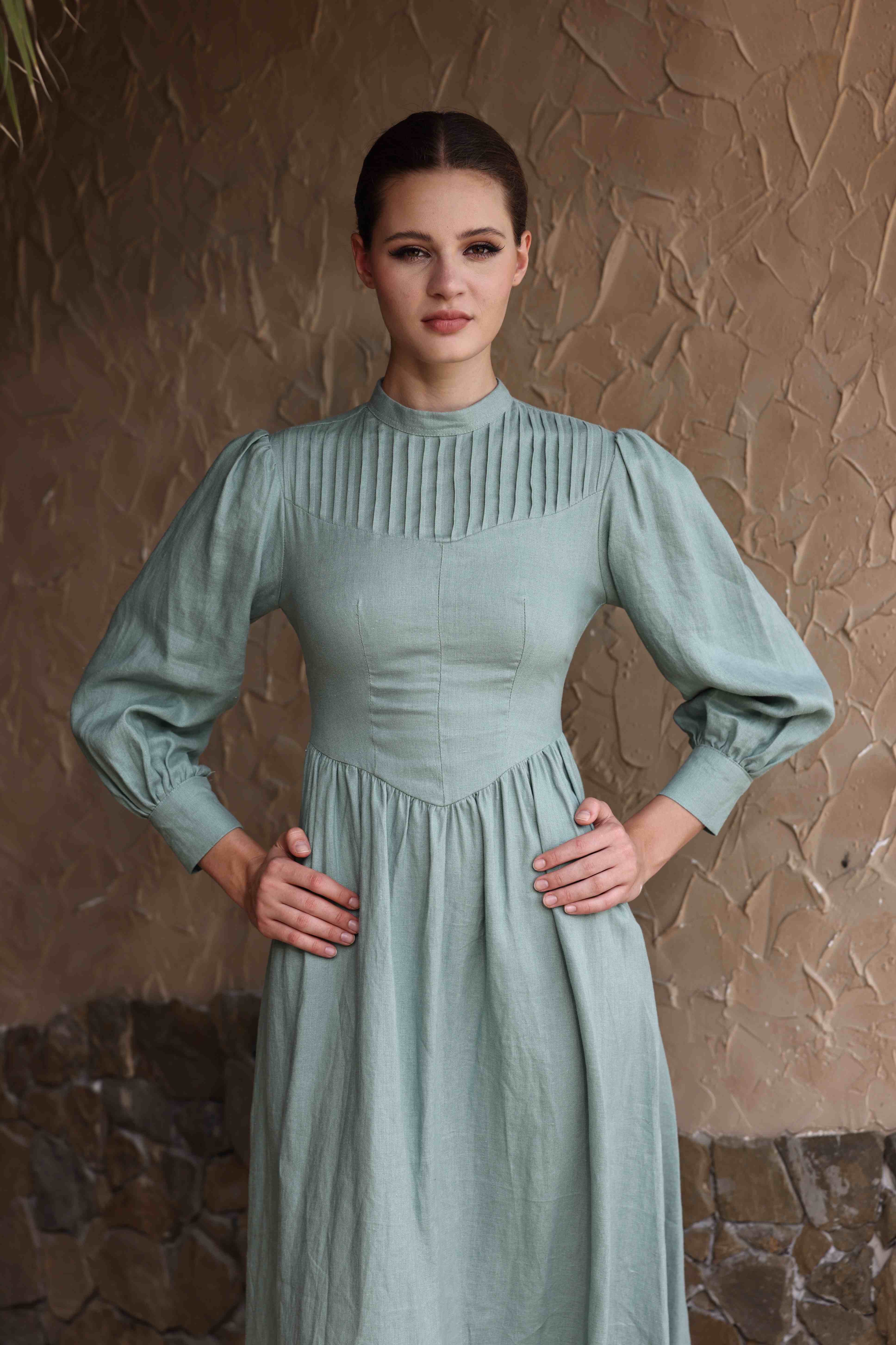 Pleated bodice linen dress