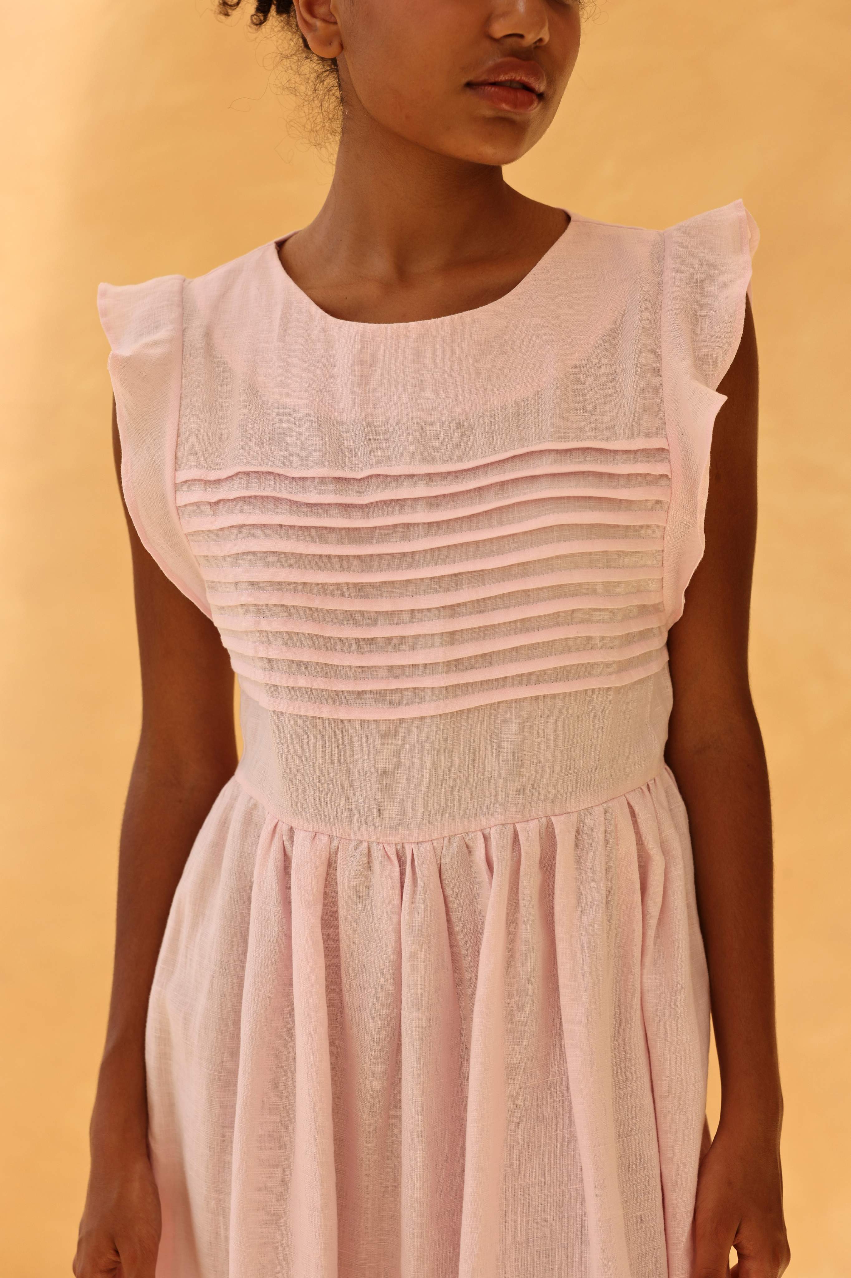Pleated bodice linen midi dress