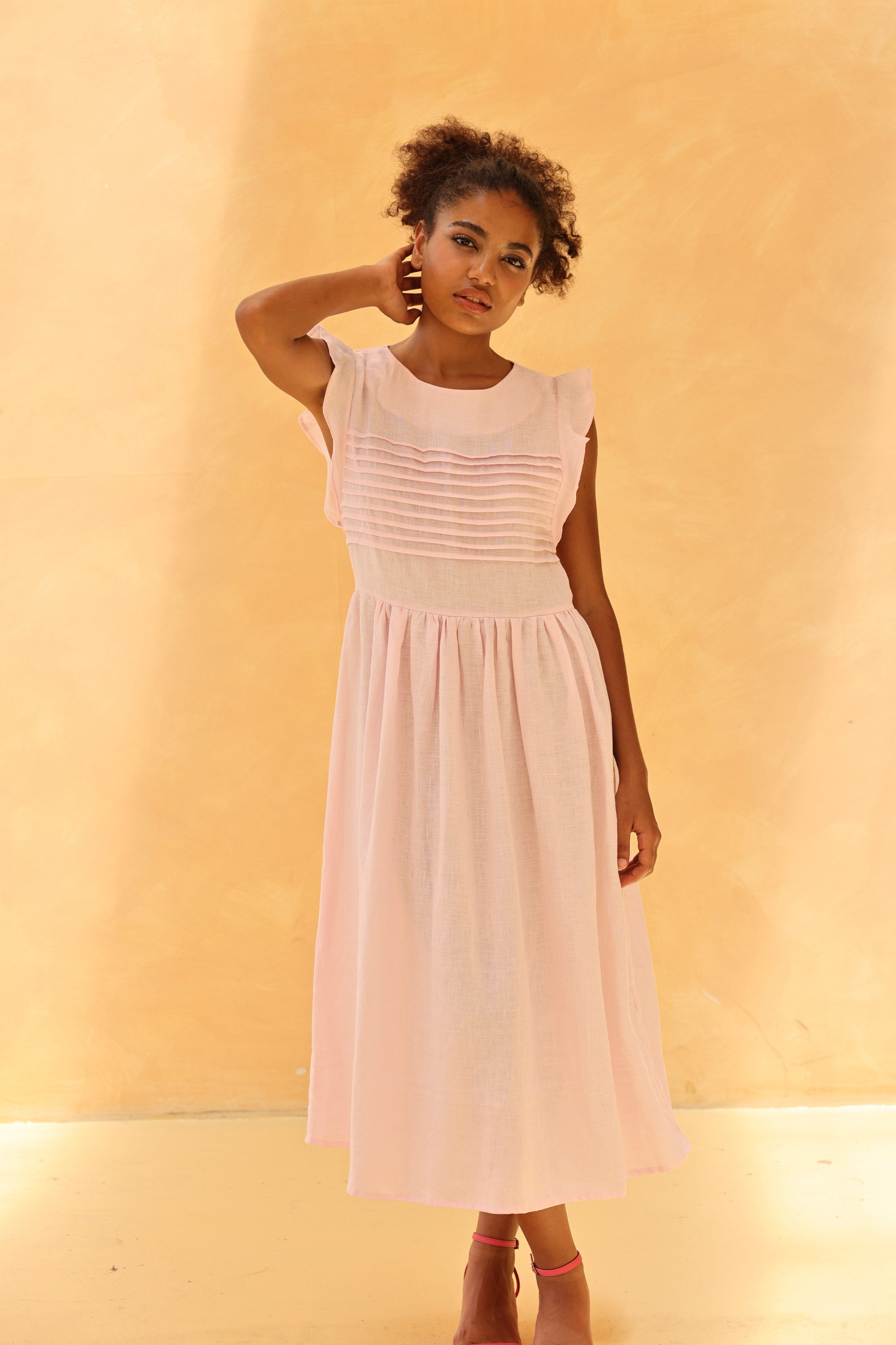 Pleated bodice linen midi dress