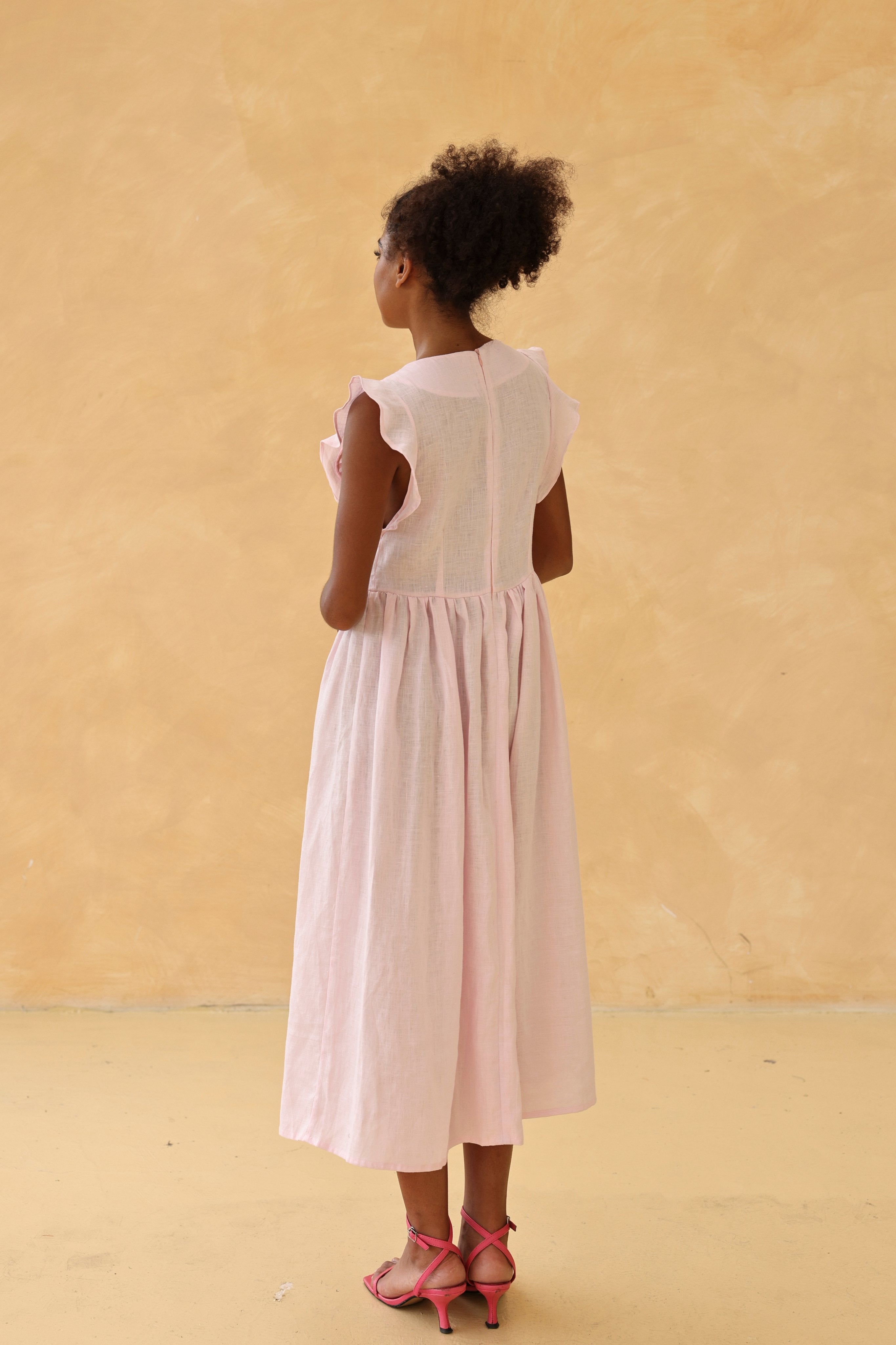 Pleated bodice linen midi dress