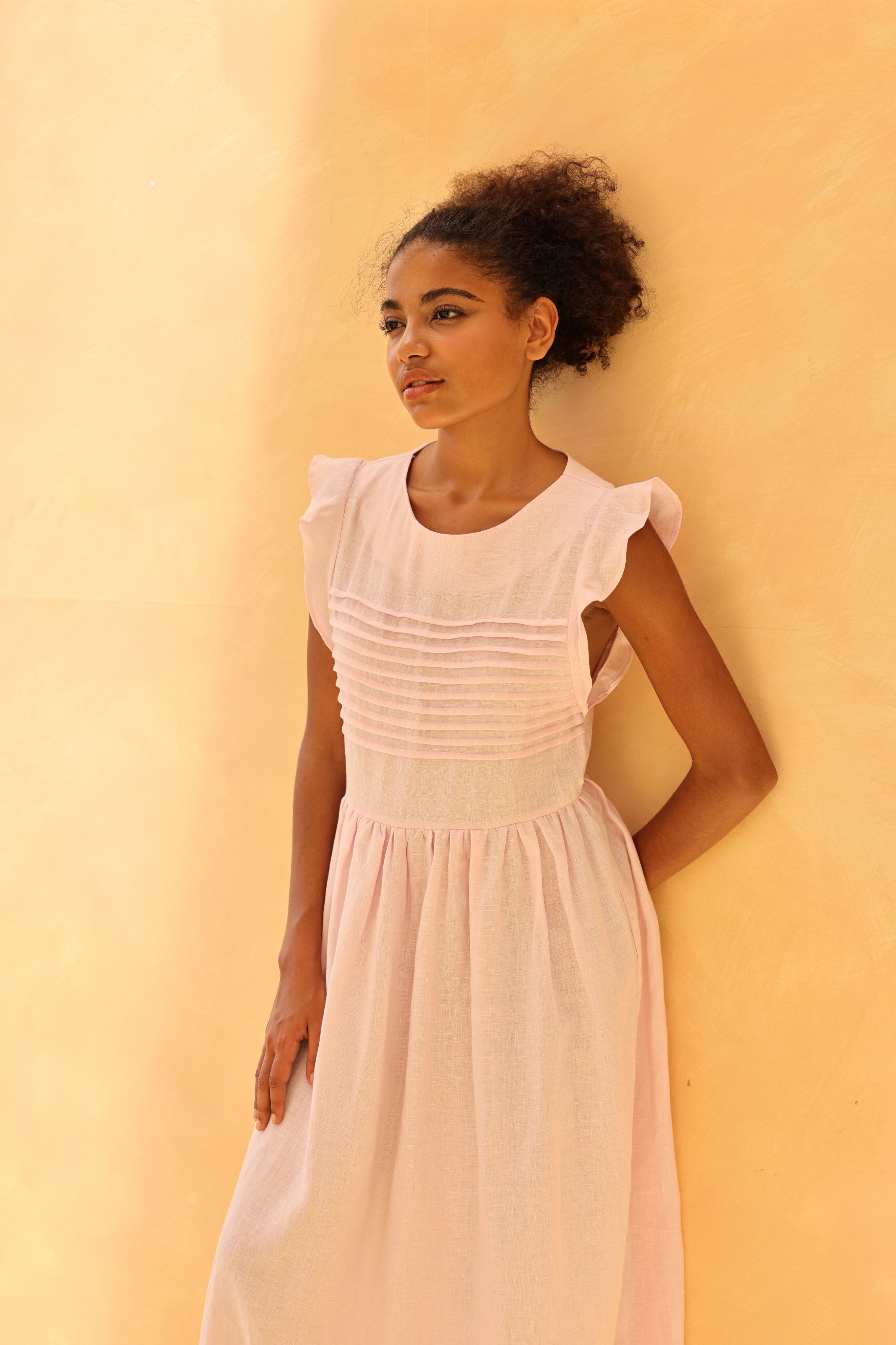 Pleated bodice linen midi dress