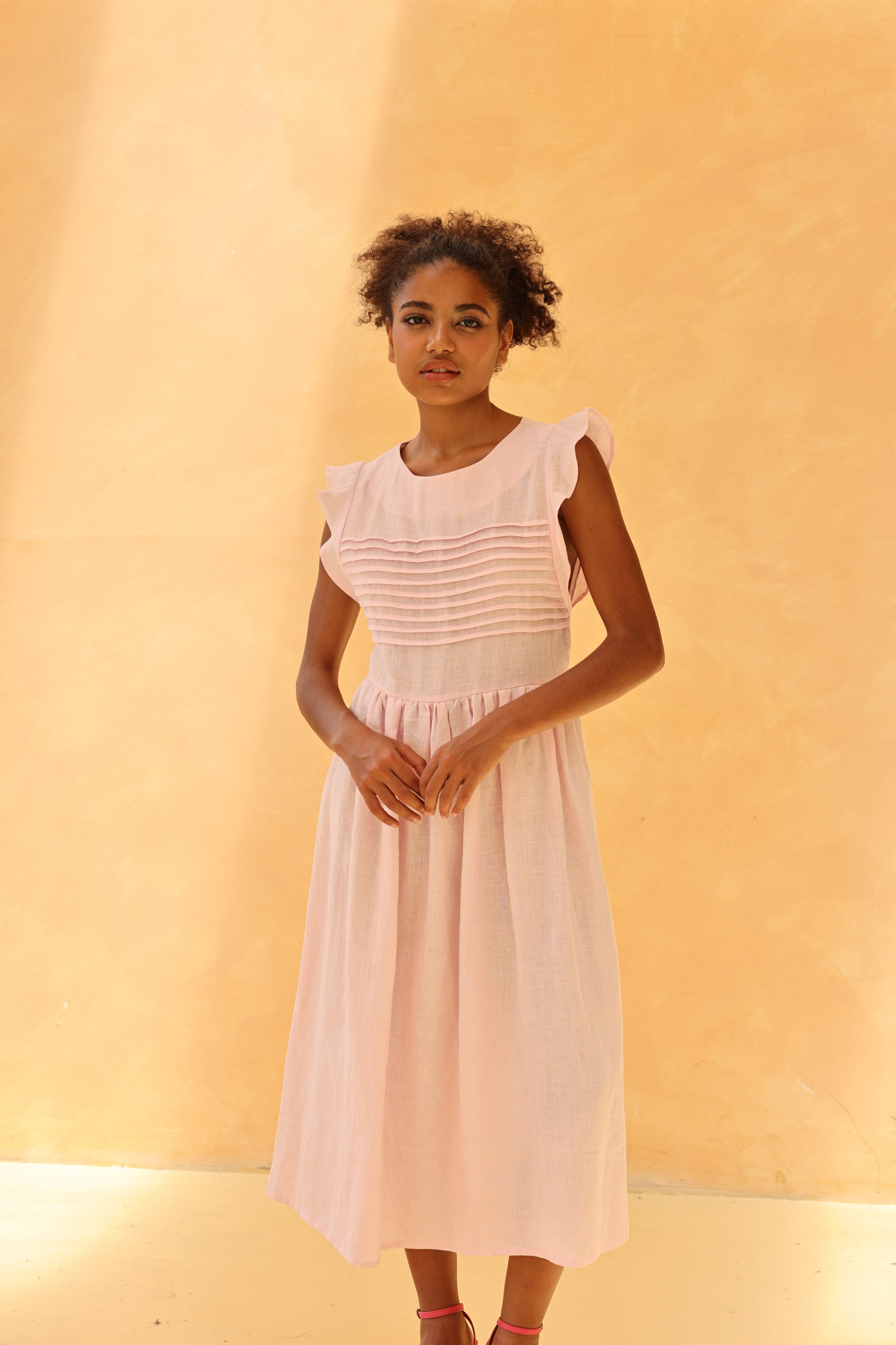 Pleated bodice linen midi dress