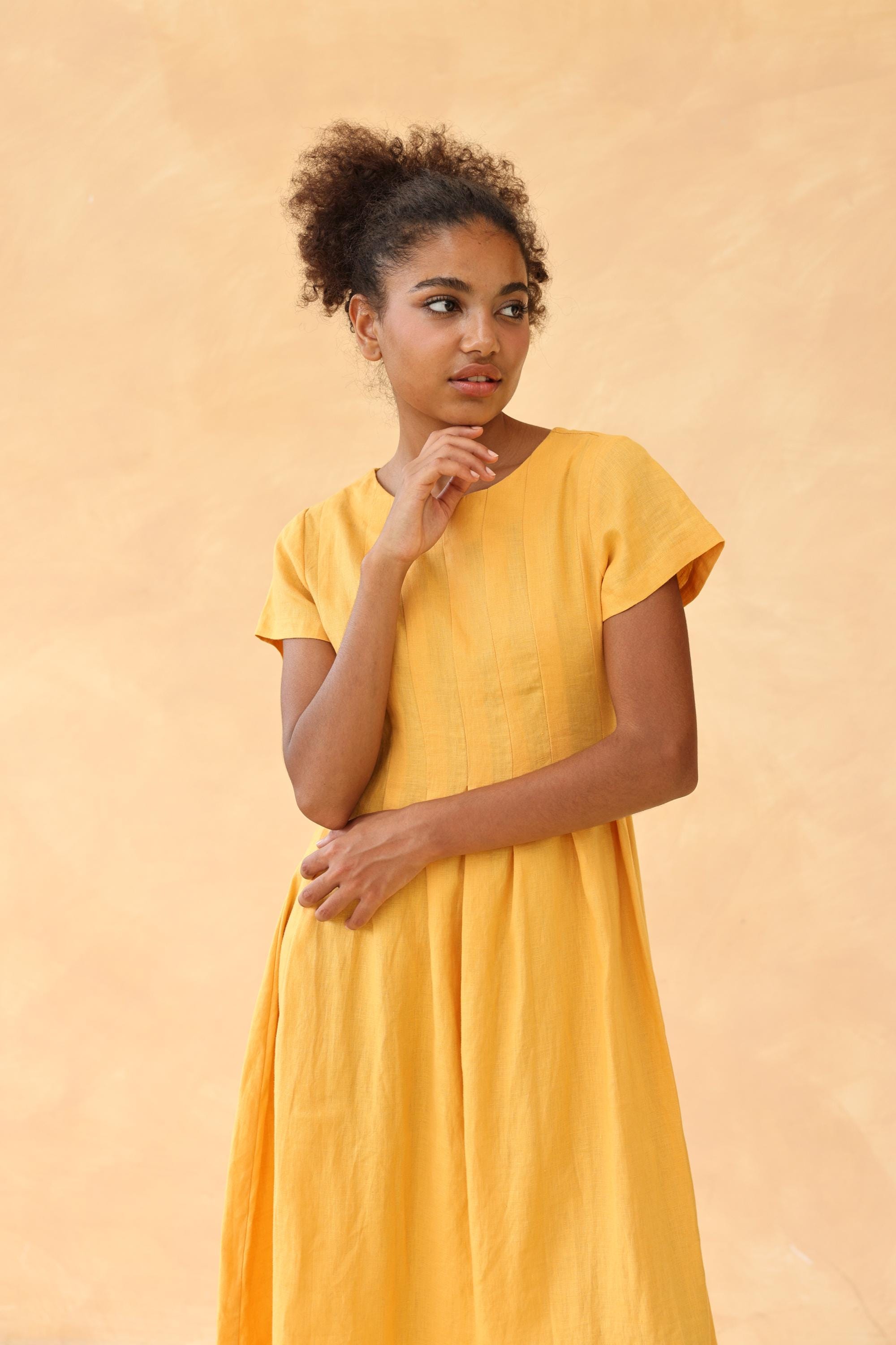 Pleated flare linen midi dress