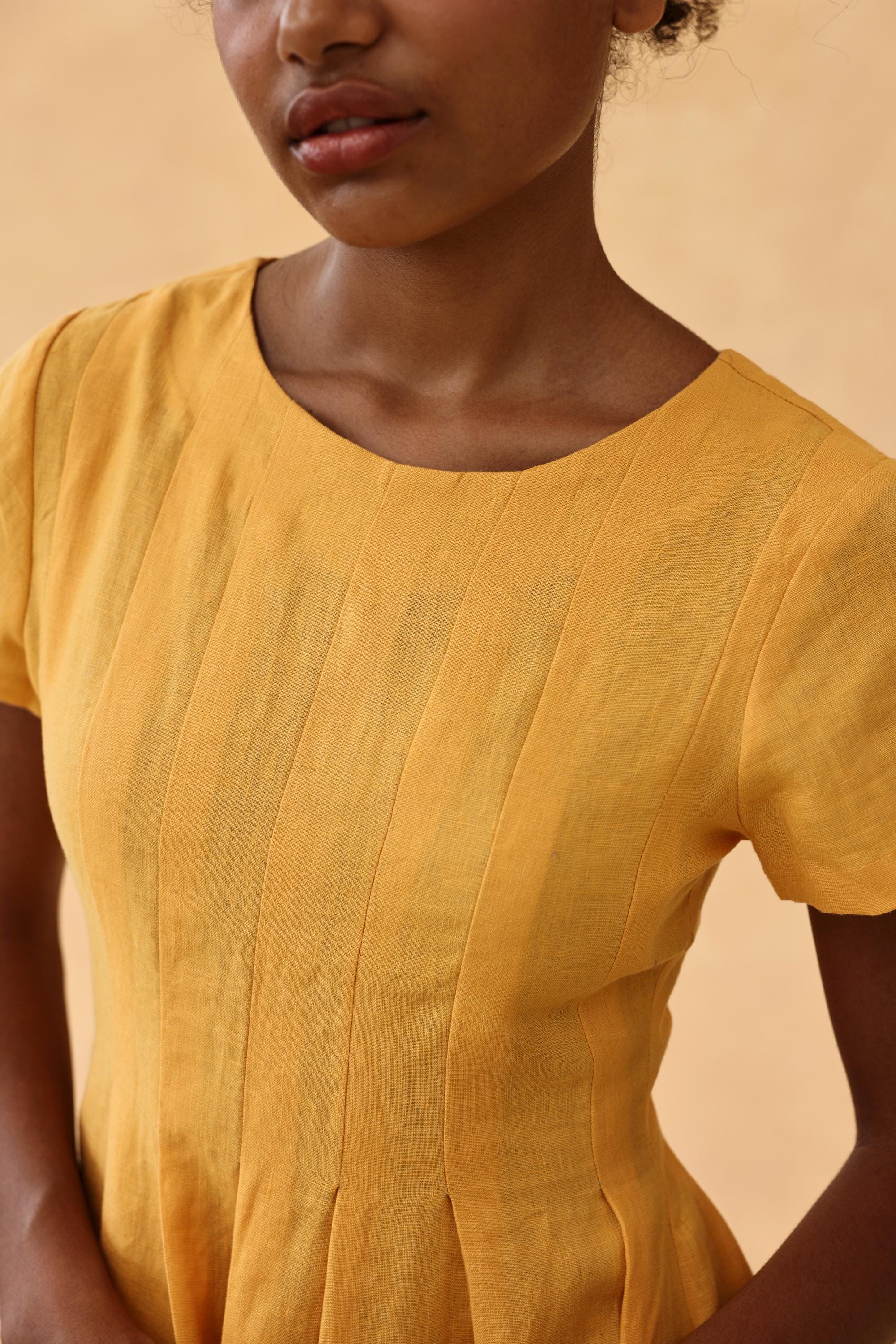 Pleated flare linen midi dress