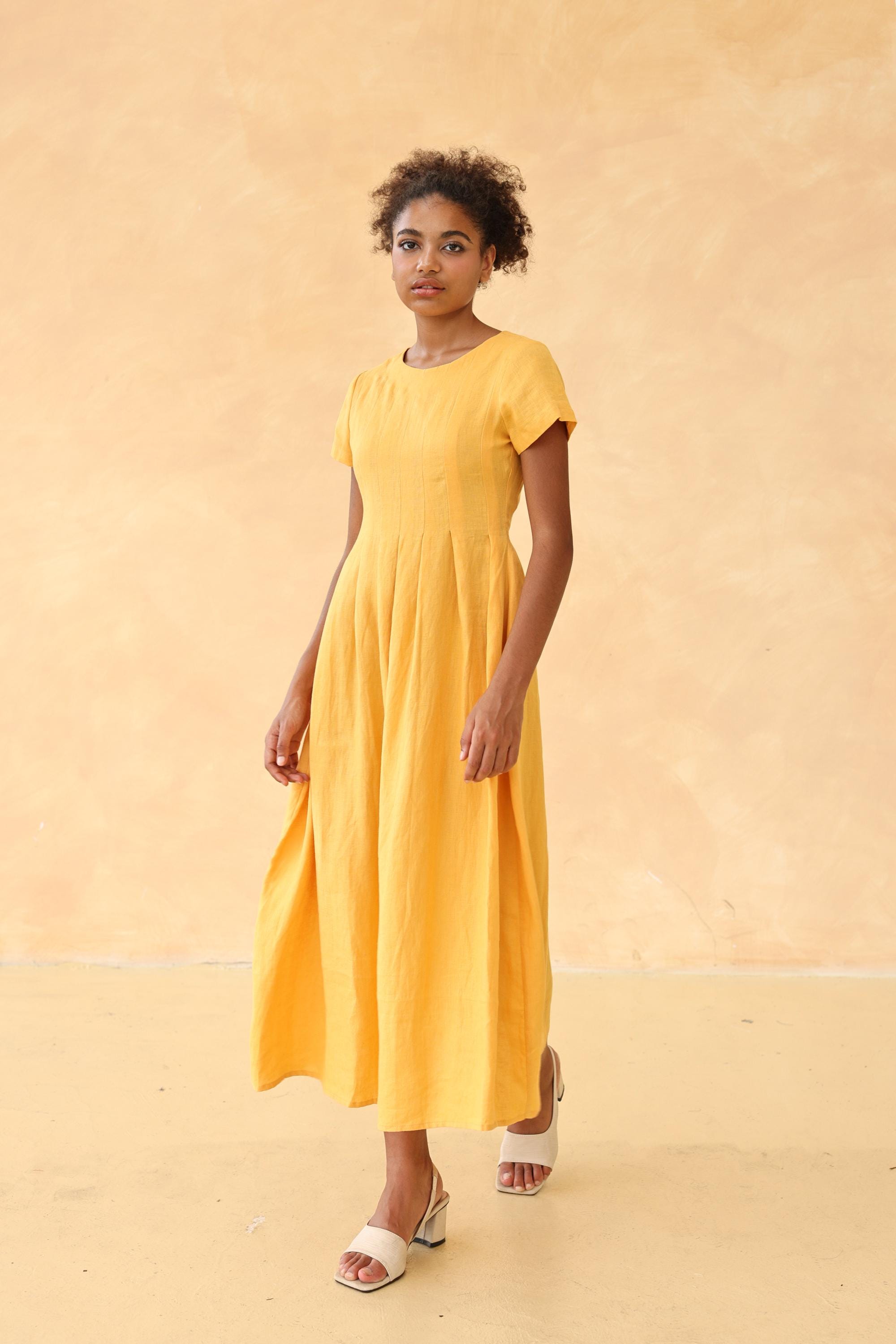 Pleated flare linen midi dress