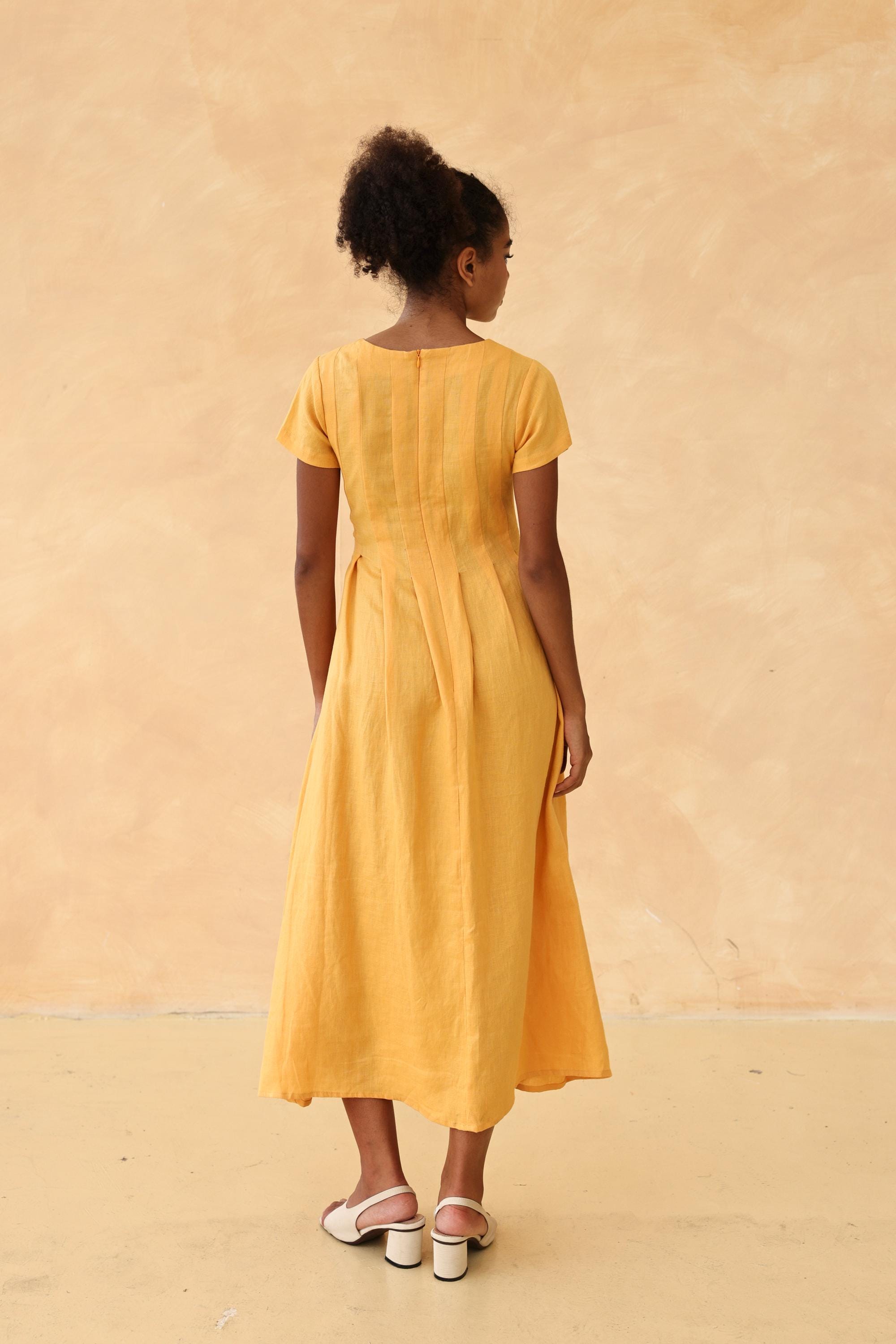 Pleated flare linen midi dress
