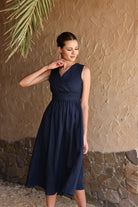 Linen pleated waist midi dress