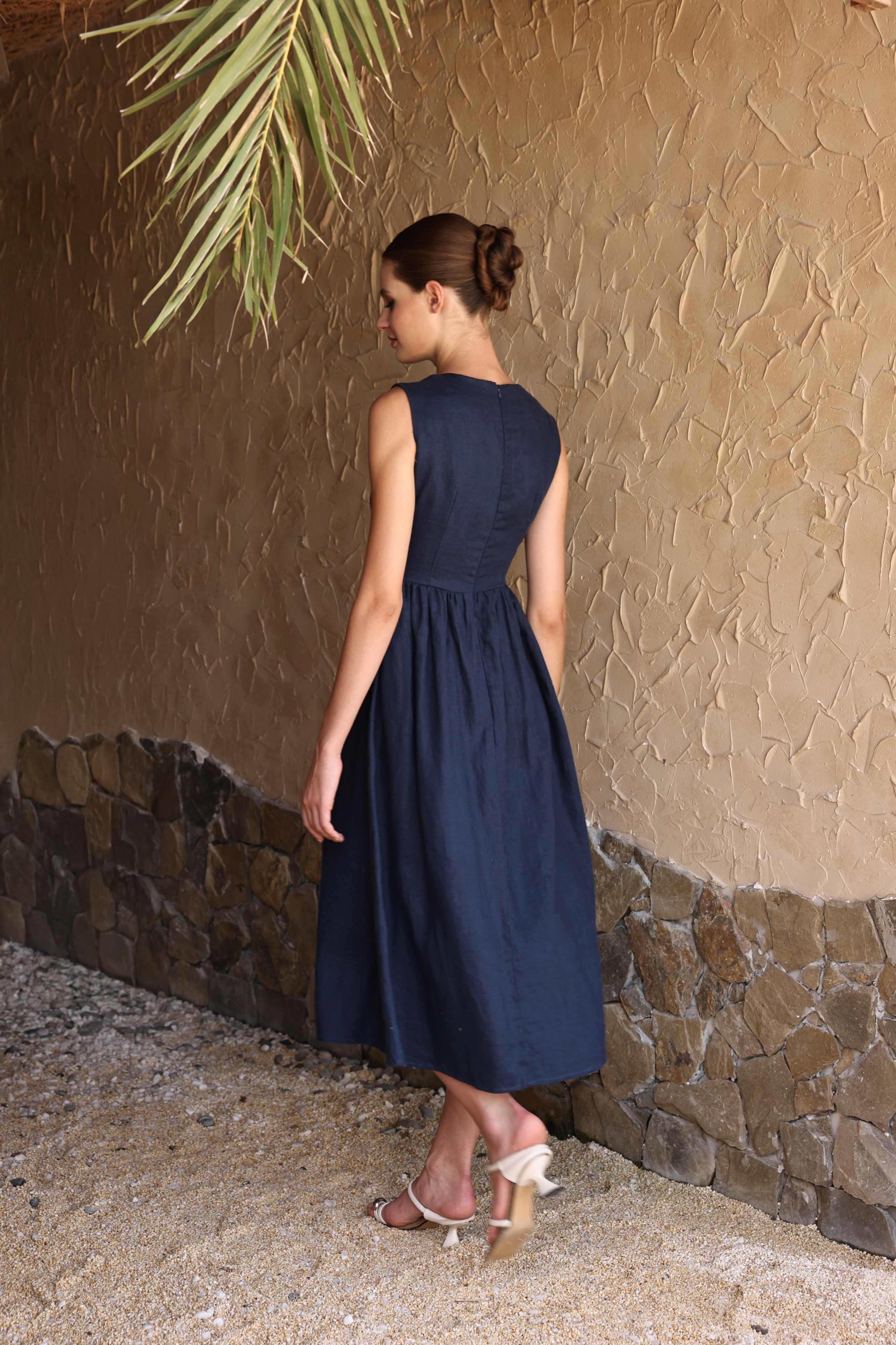 Linen pleated waist midi dress