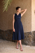 Linen pleated waist midi dress