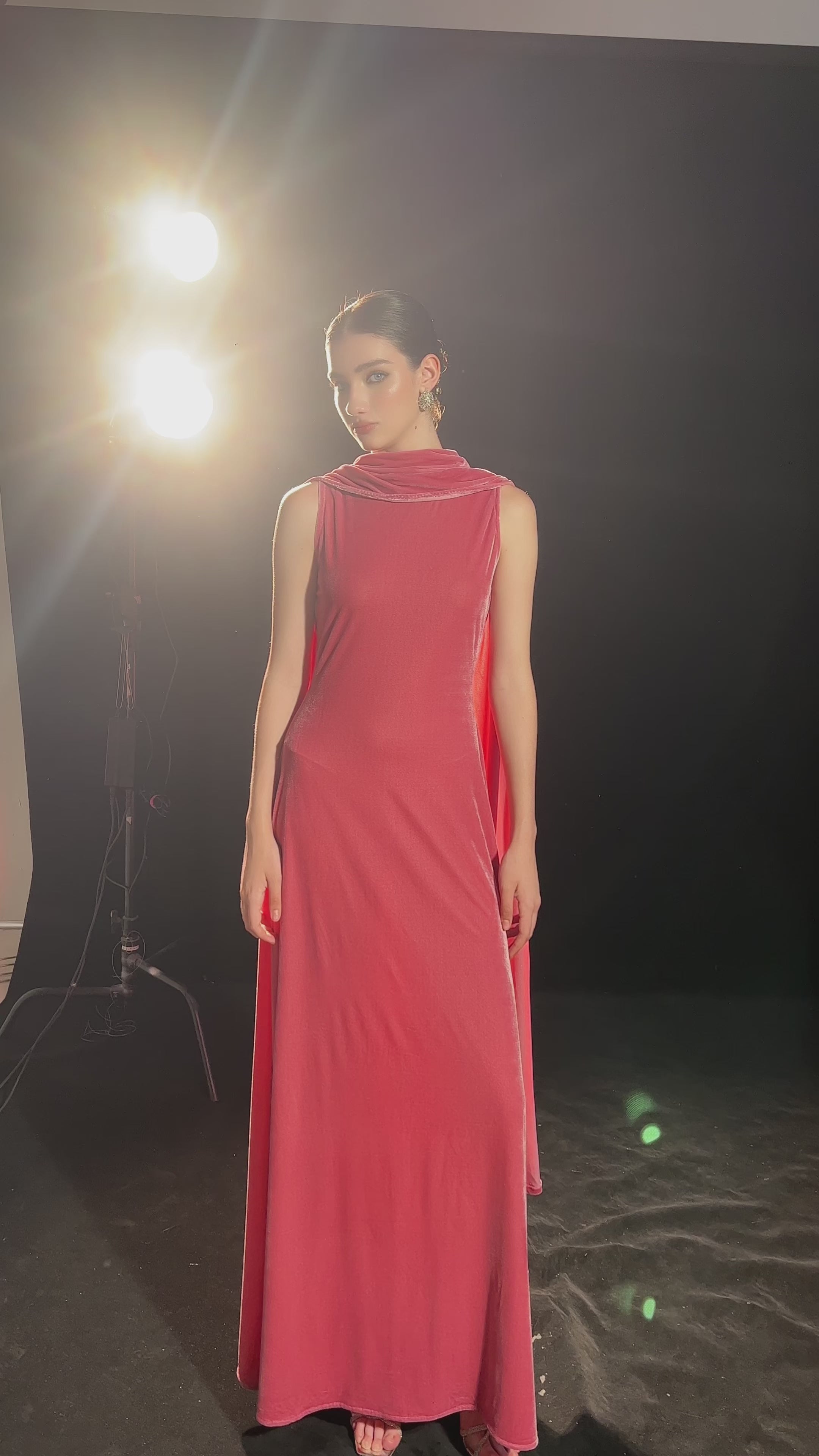 Velvet gown with draped scarf