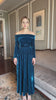 off-shoulder blue velvet gown