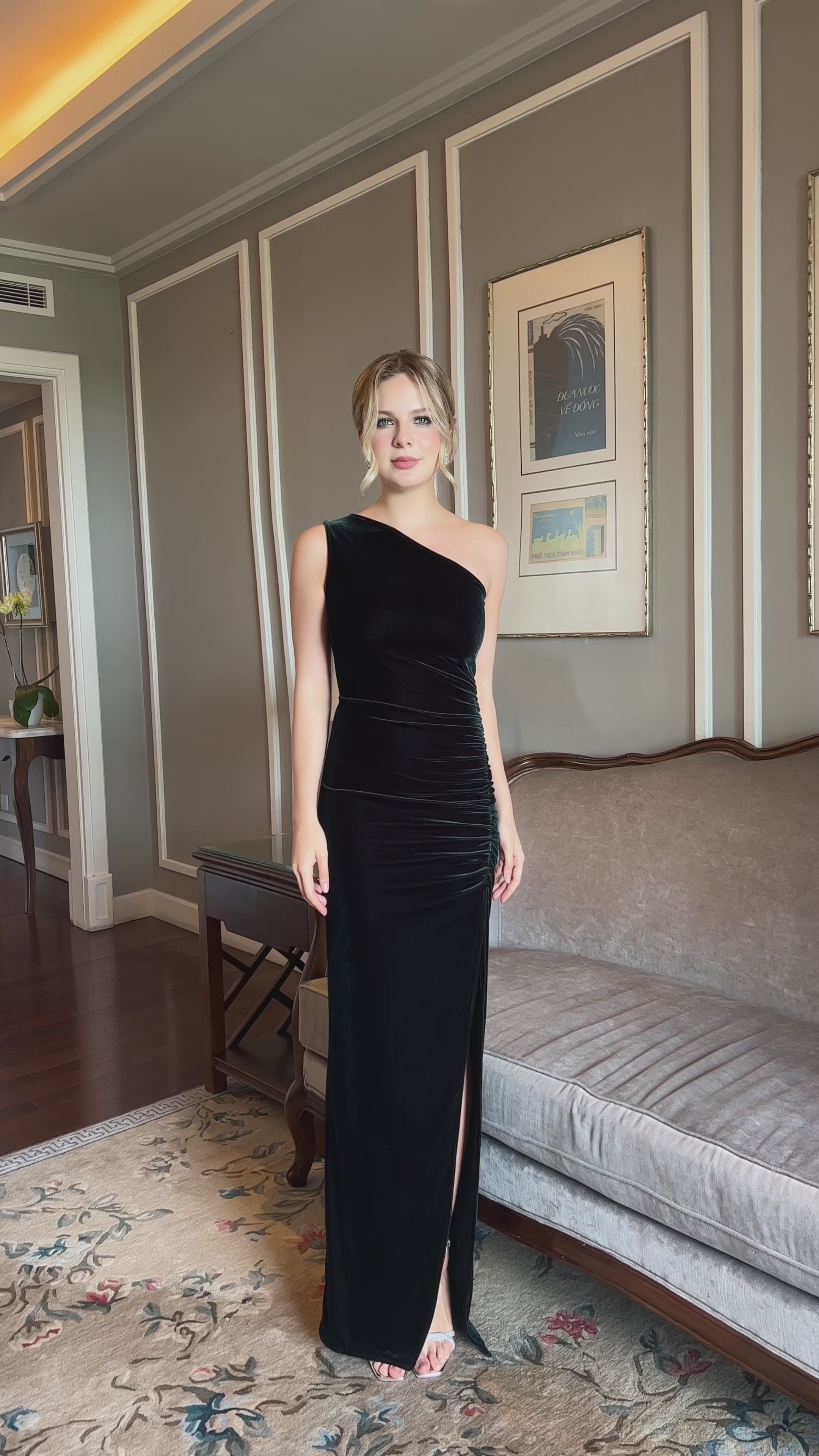 Asymmetrical velvet evening dress