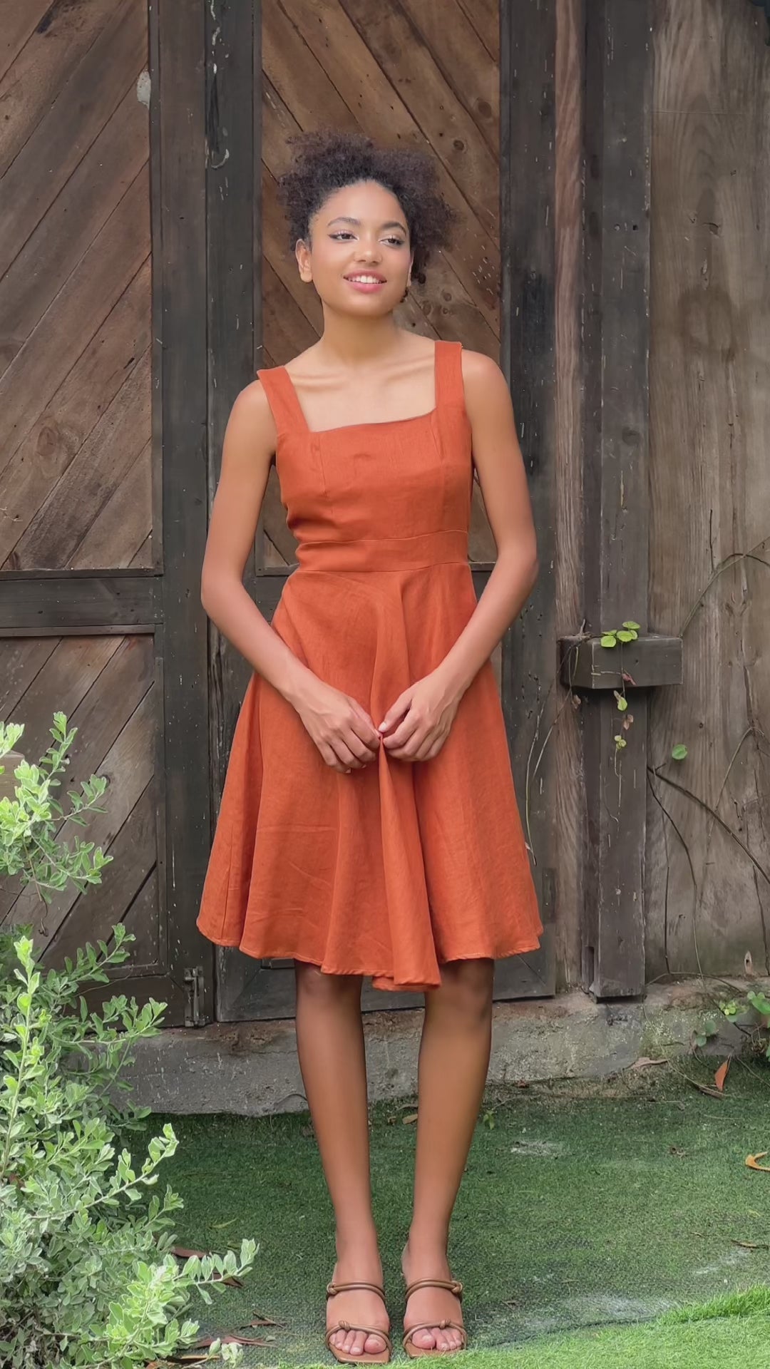 Square neck linen A-line dress