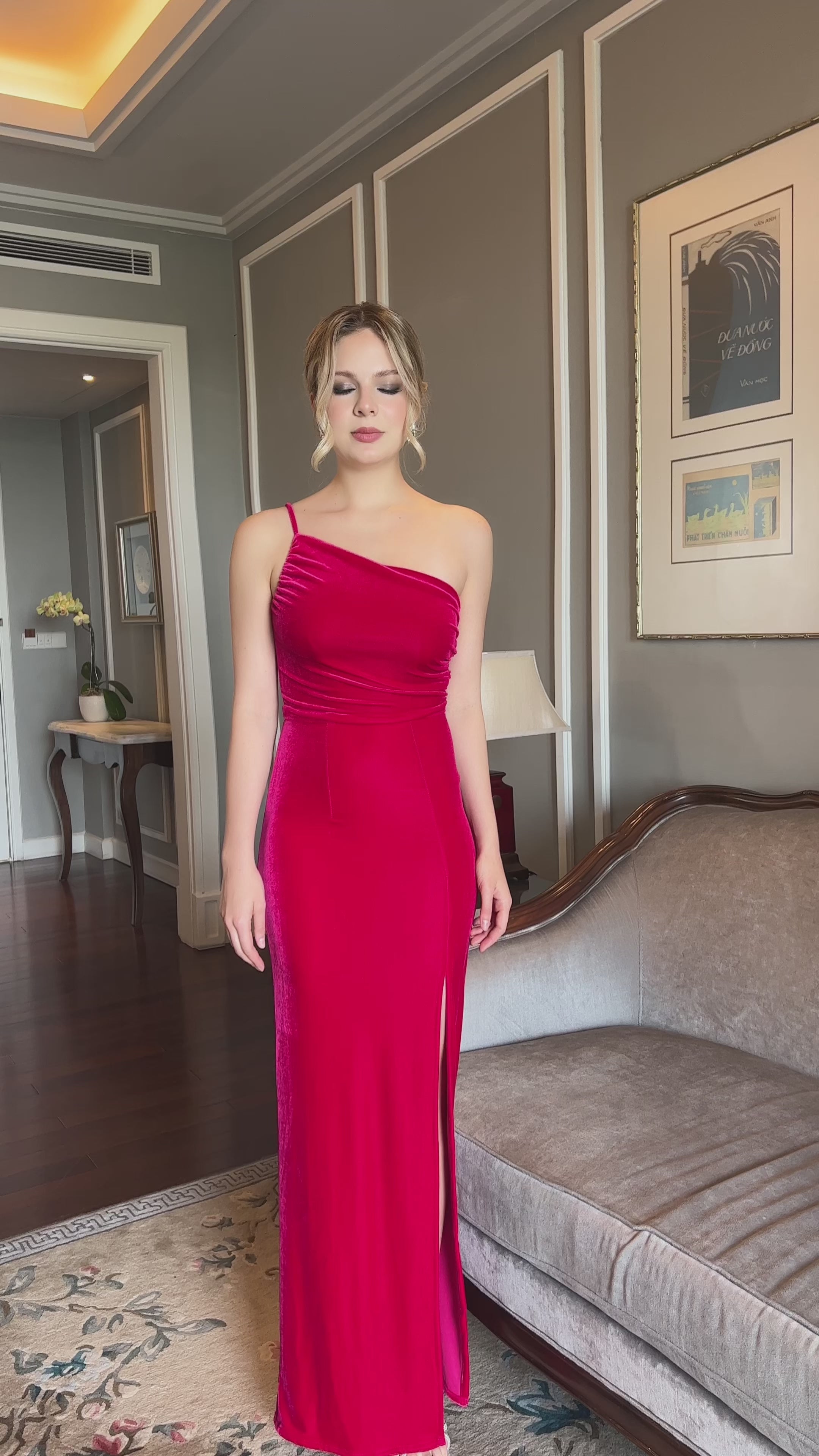 One shoulder velvet maxi dress
