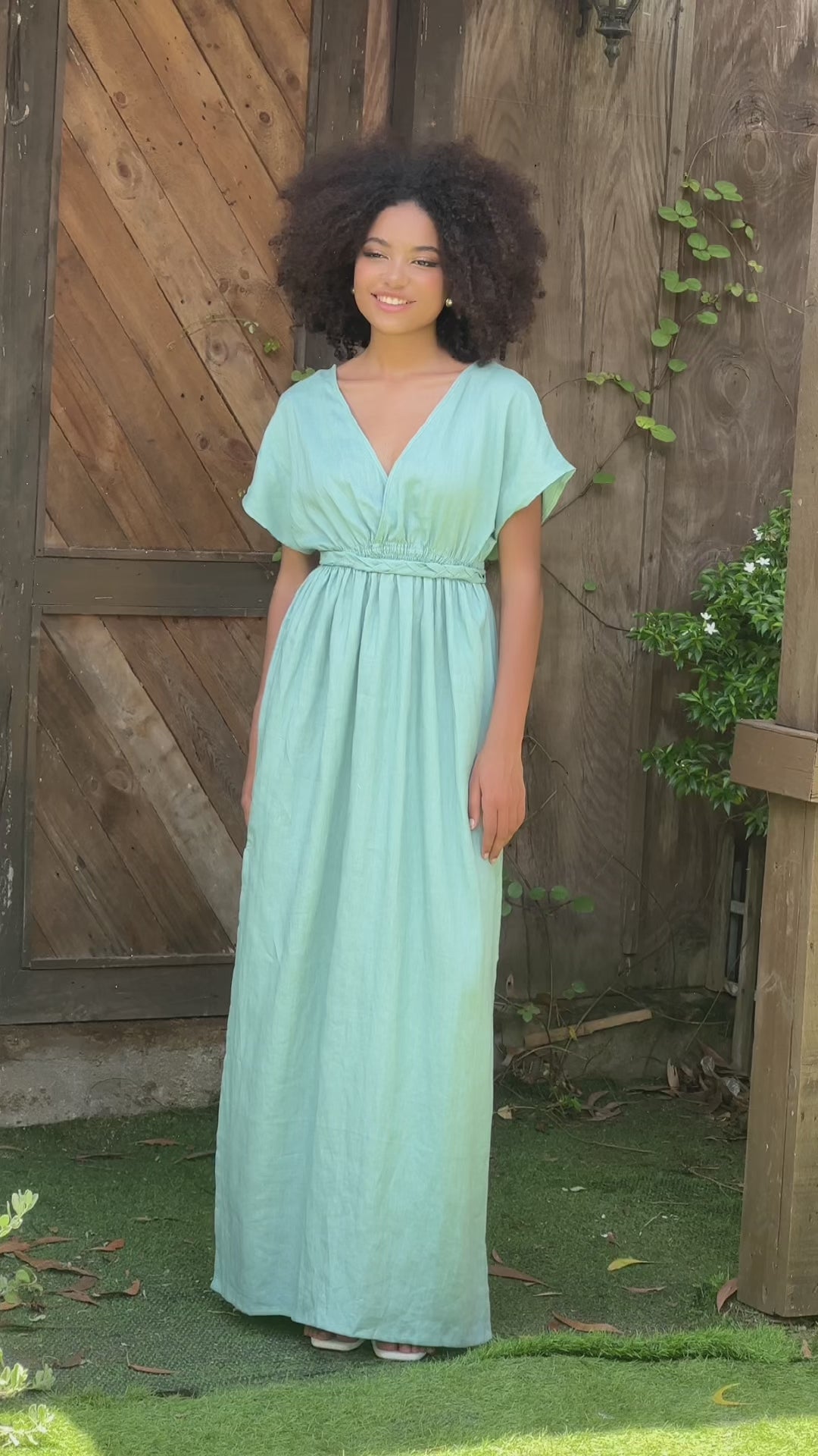 Deep V-neck linen dress
