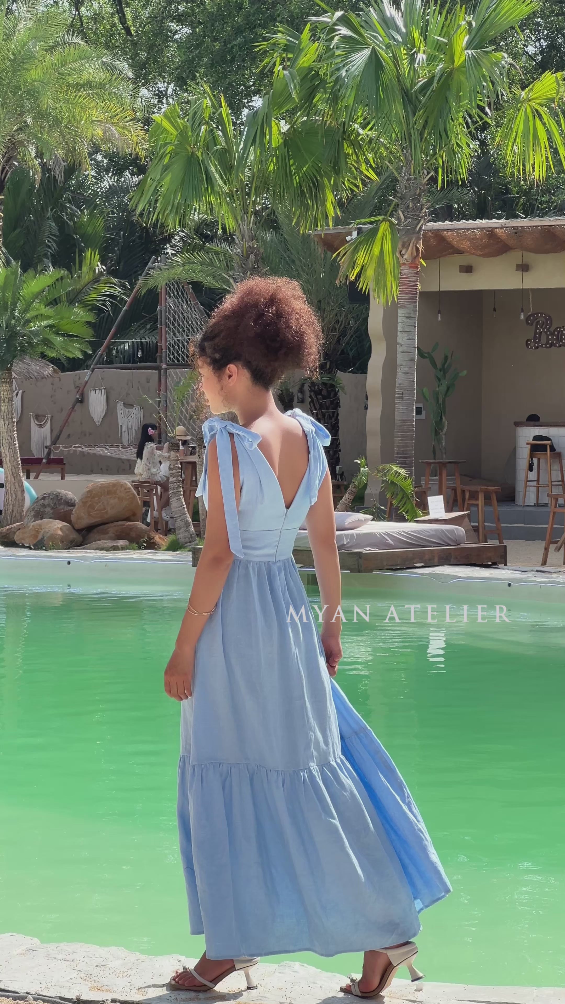 Linen tie-shoulder tiered maxi dress