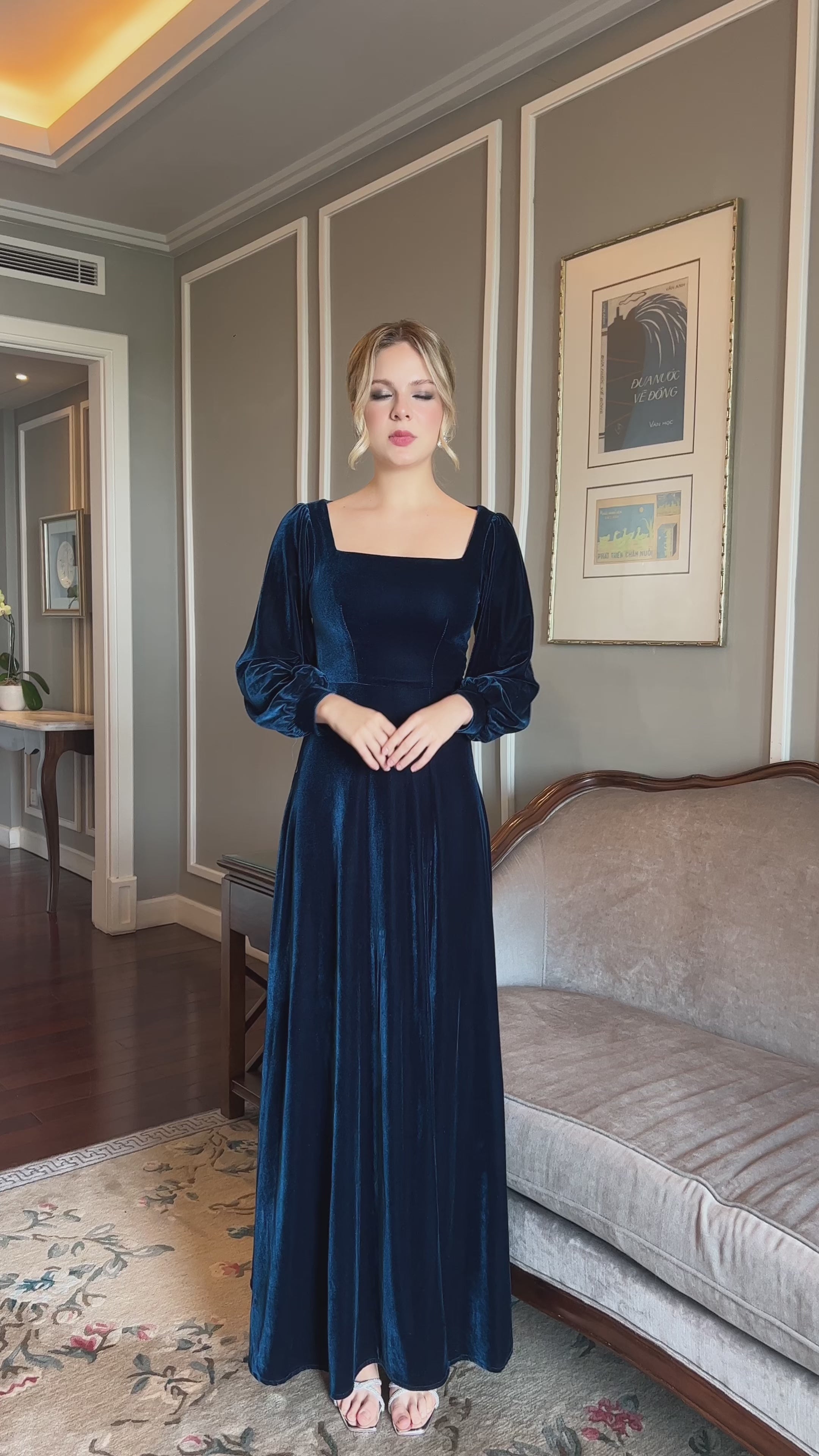custom velvet square neck gown