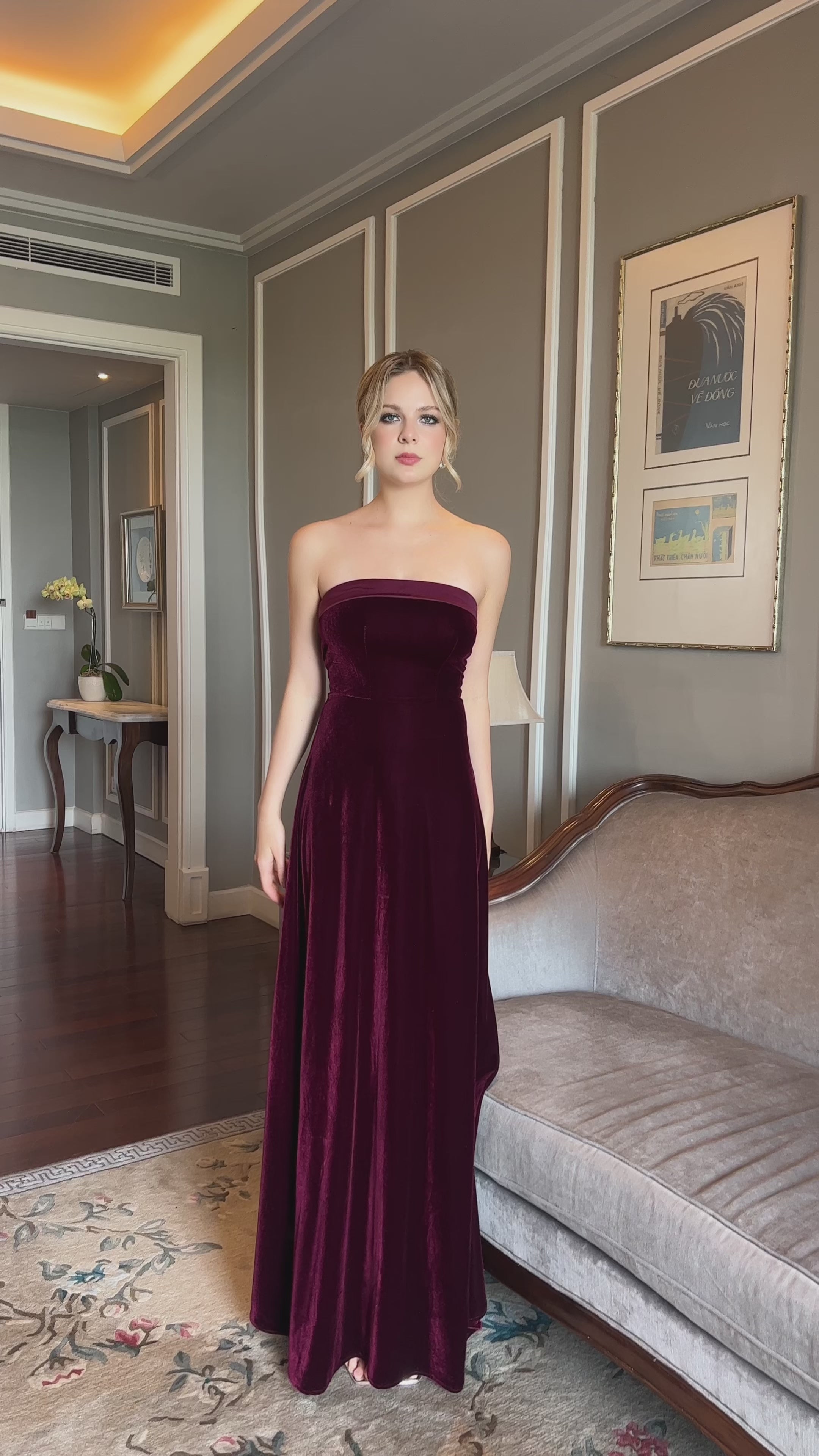 Strapless velvet maxi dress