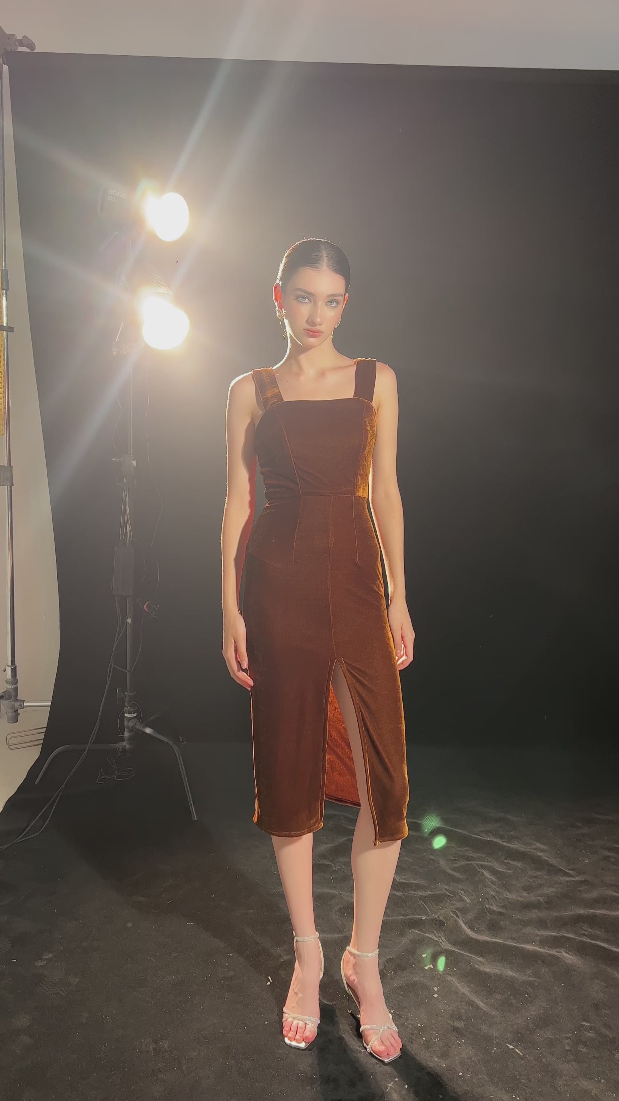 Velvet cocktail dress with slit 