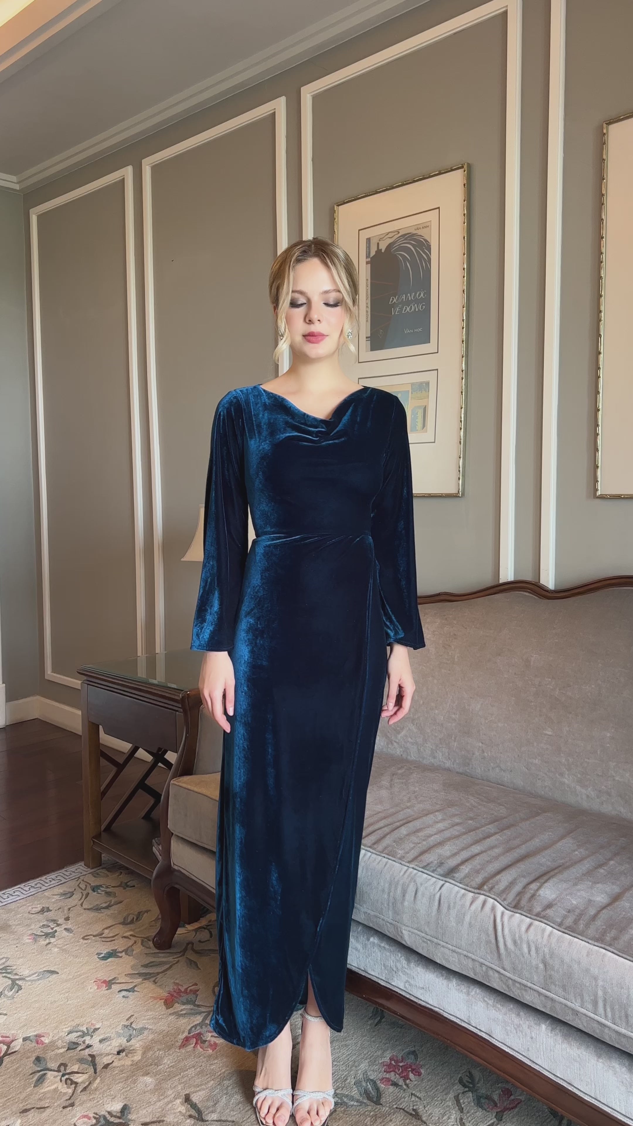blue velvet evening gown with slit