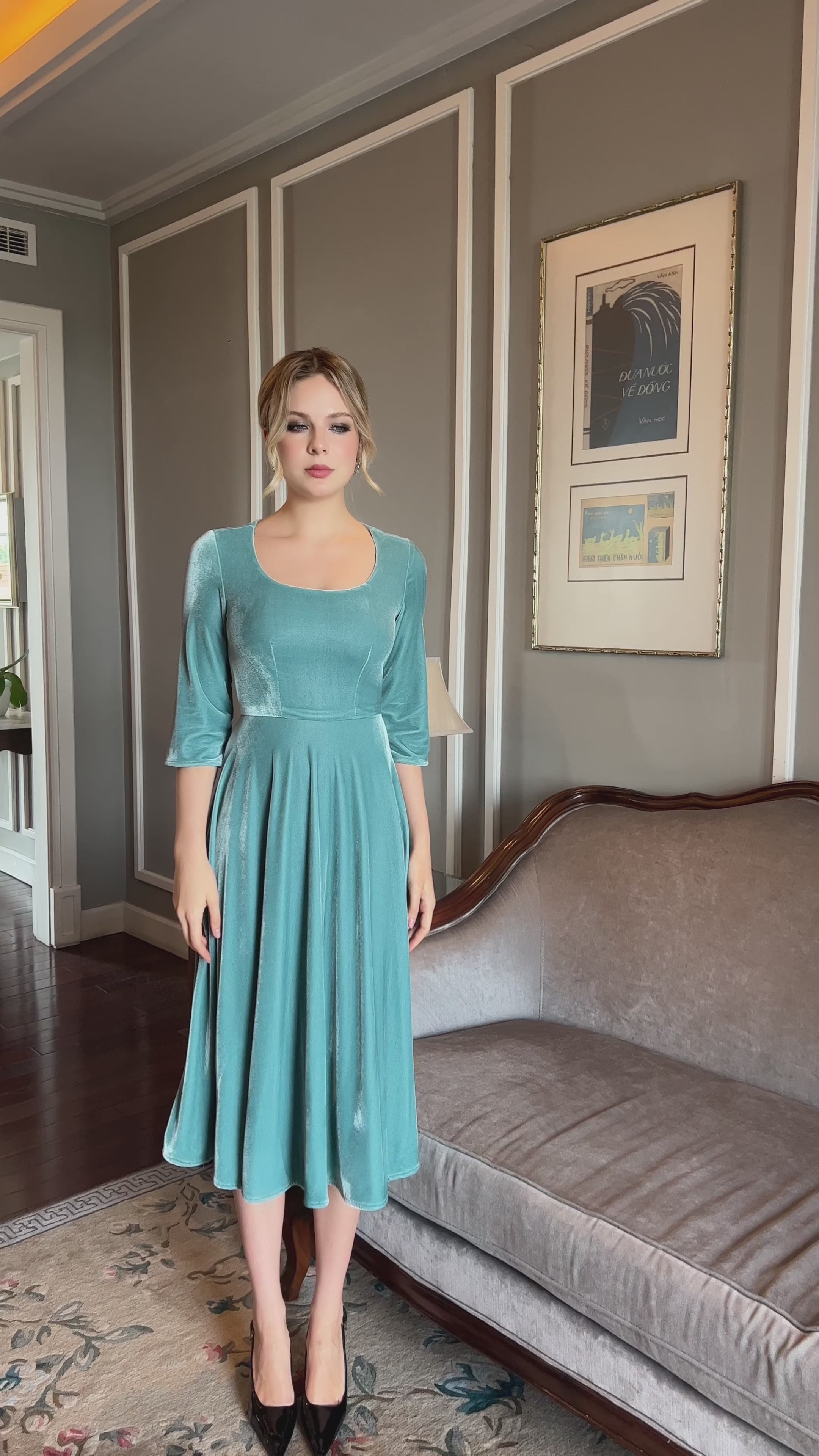 Blue velvet cocktail midi dress