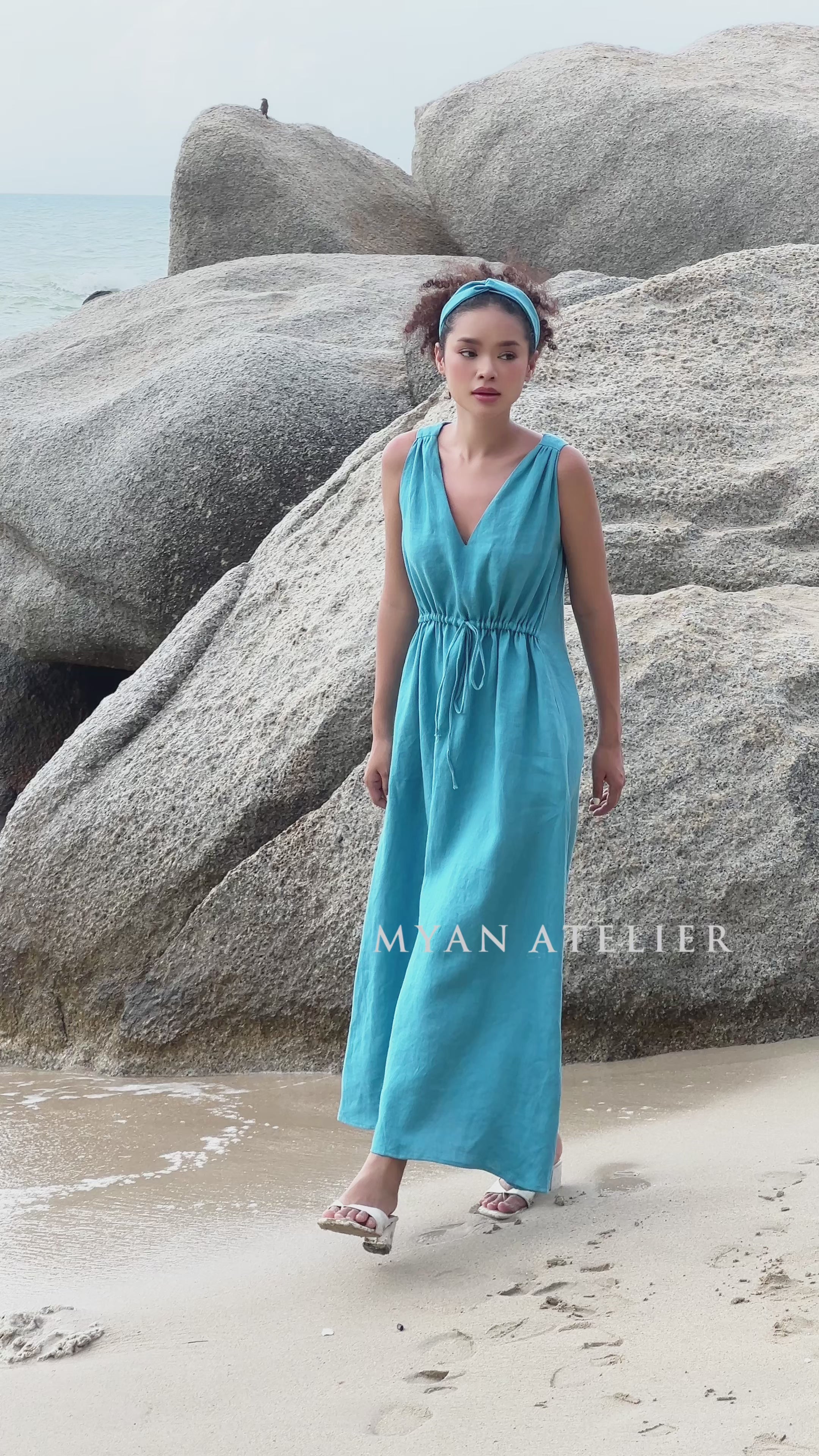 Blue linen midi dress
