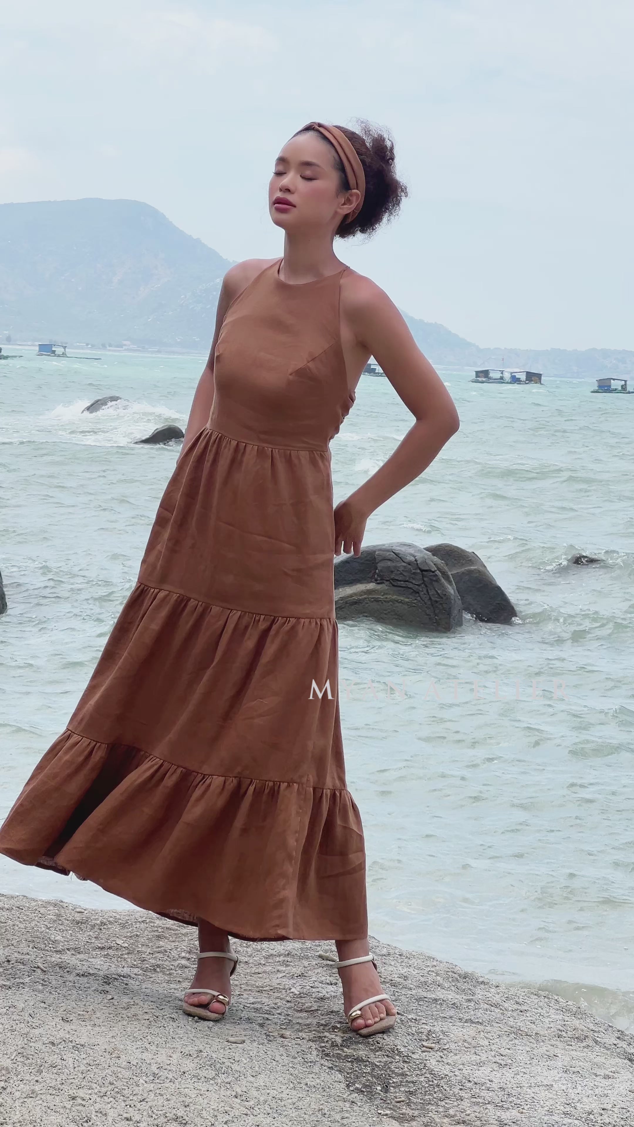 Backless halter linen maxi dress
