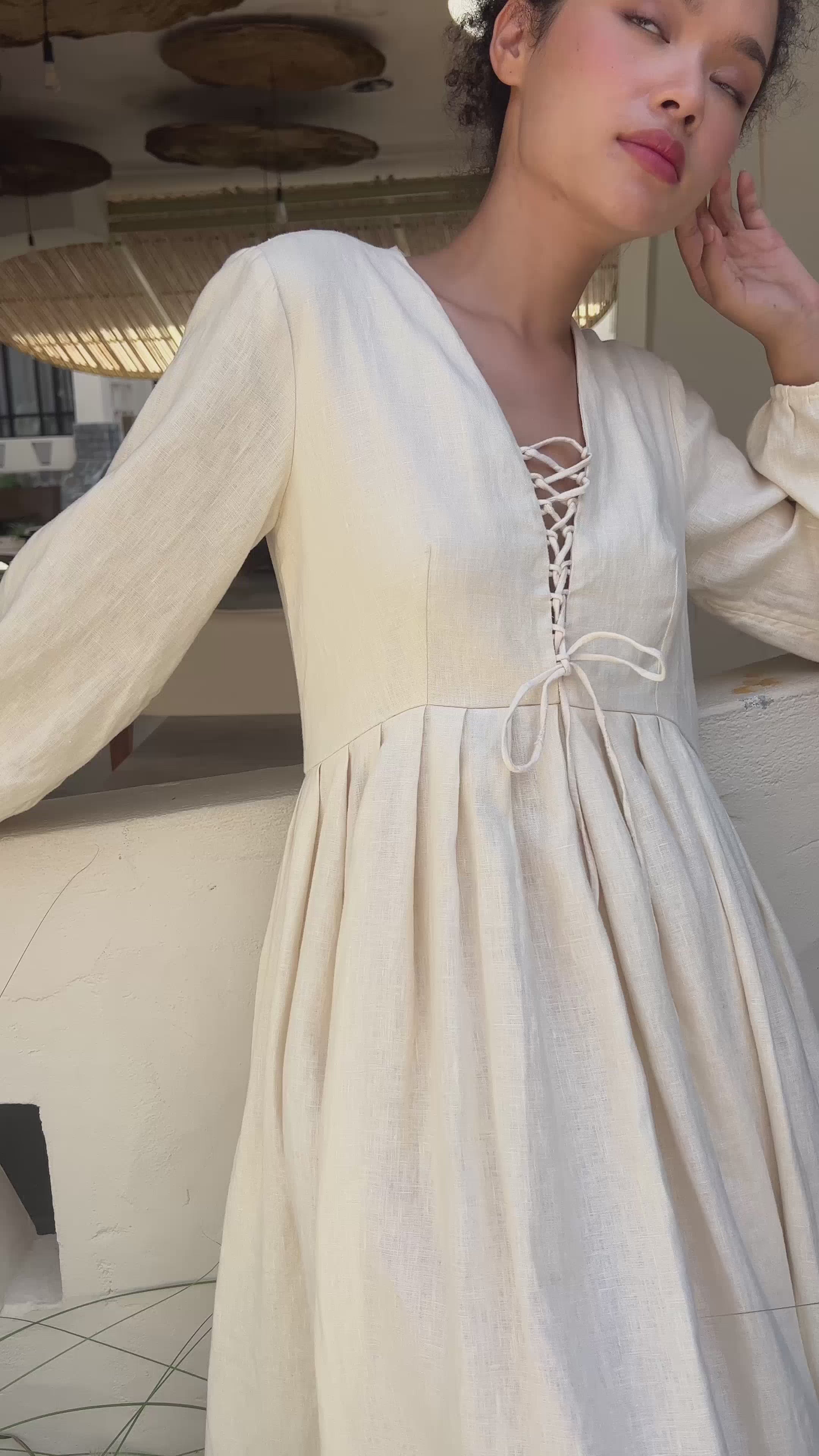 V-neck lace-up linen dress