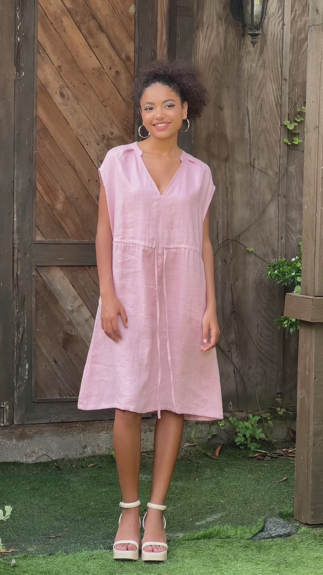 Drawstring waist linen dress