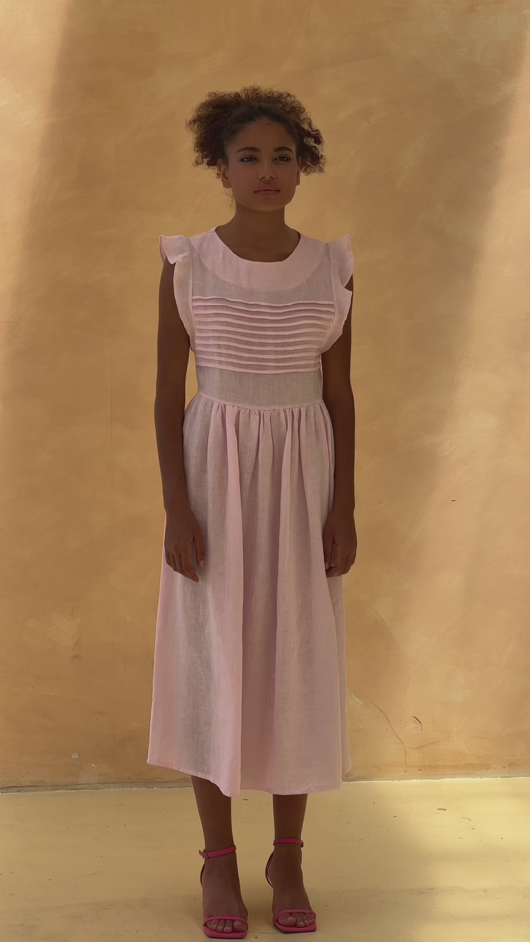 Pleated bodice linen midi dress