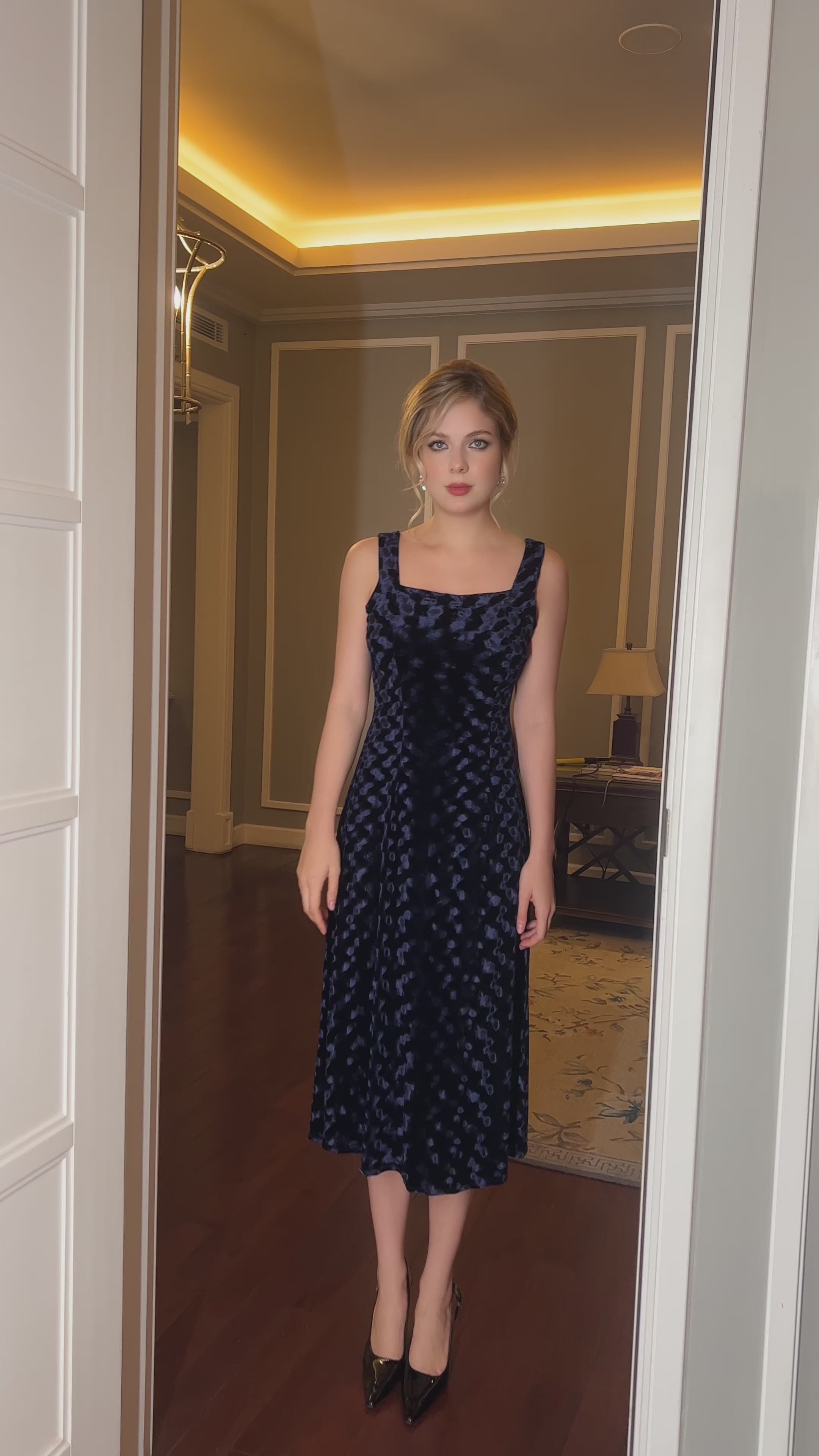 square neck velvet midi dress