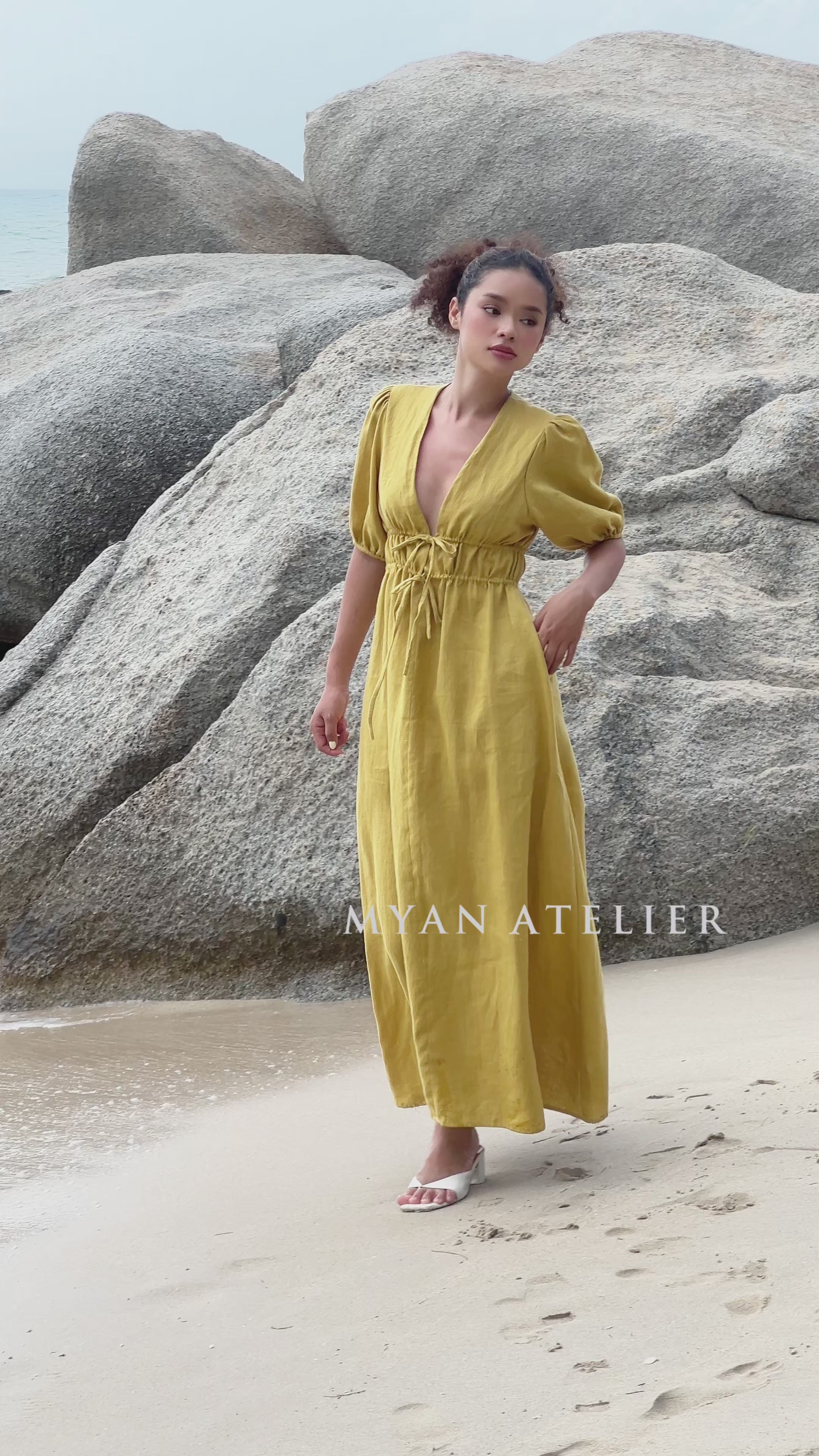 Drawstring linen maxi dress